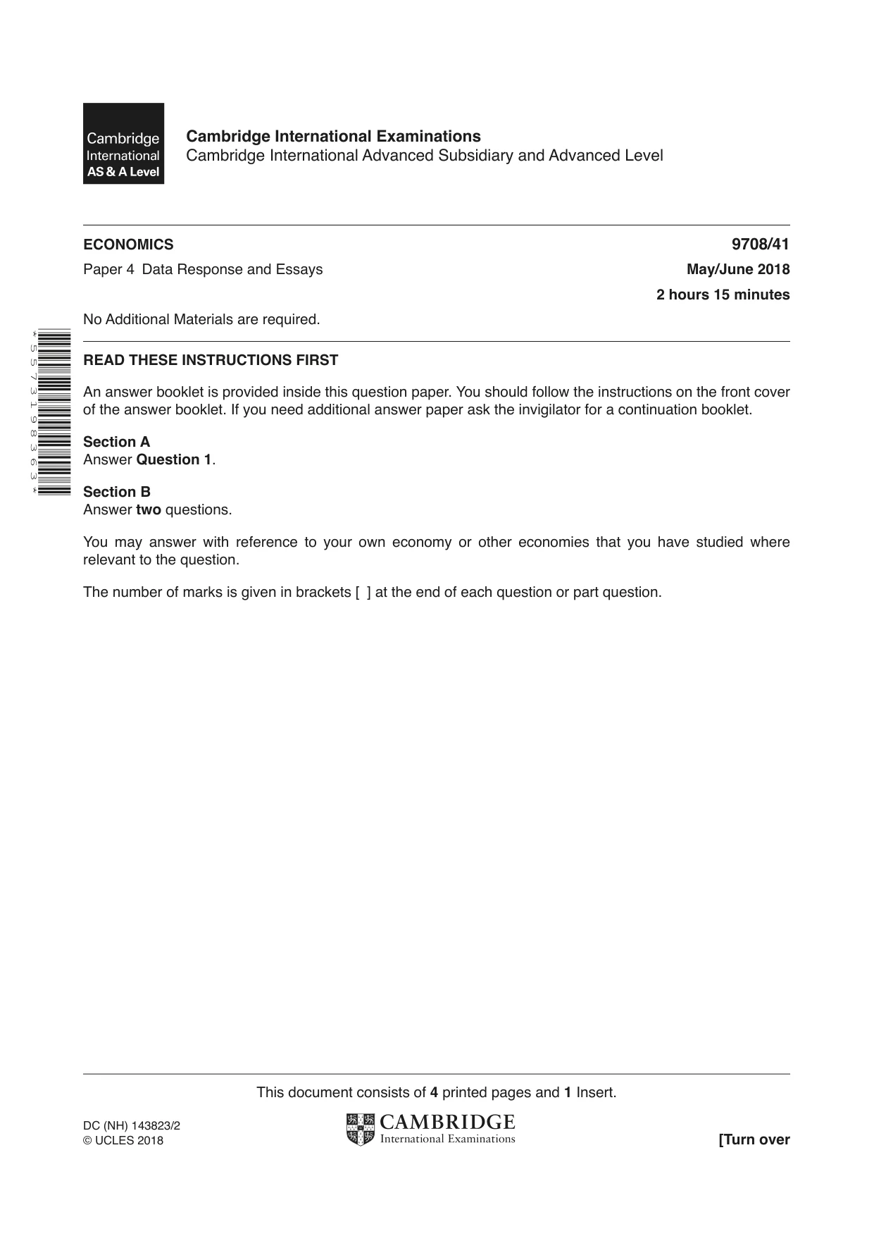 Cambridge A Level Economics 9708 2018 May/June Paper 4 · Variant 1 question paper, page 1 of 4