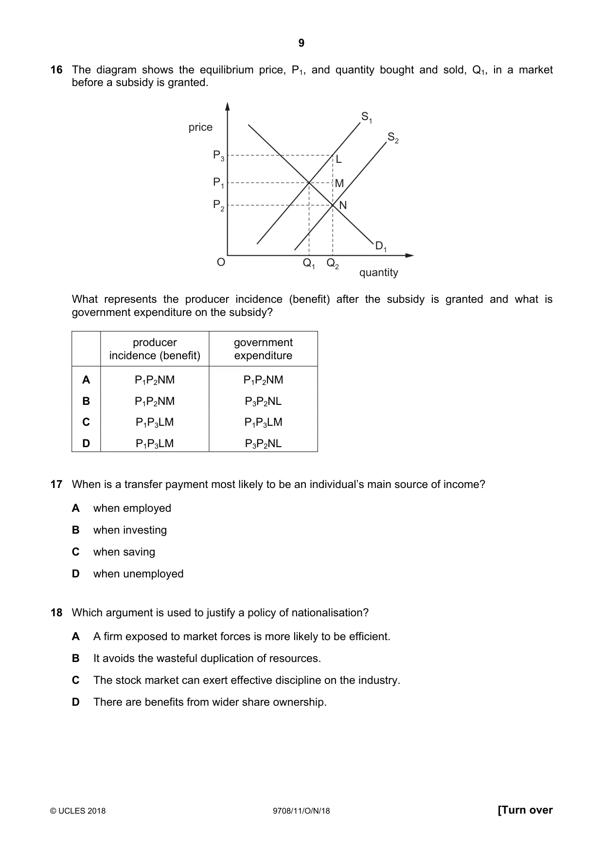 Cambridge A Level Economics 9708 2018 Oct/Nov Paper 1 · Variant 1 question paper, page 9 of 16