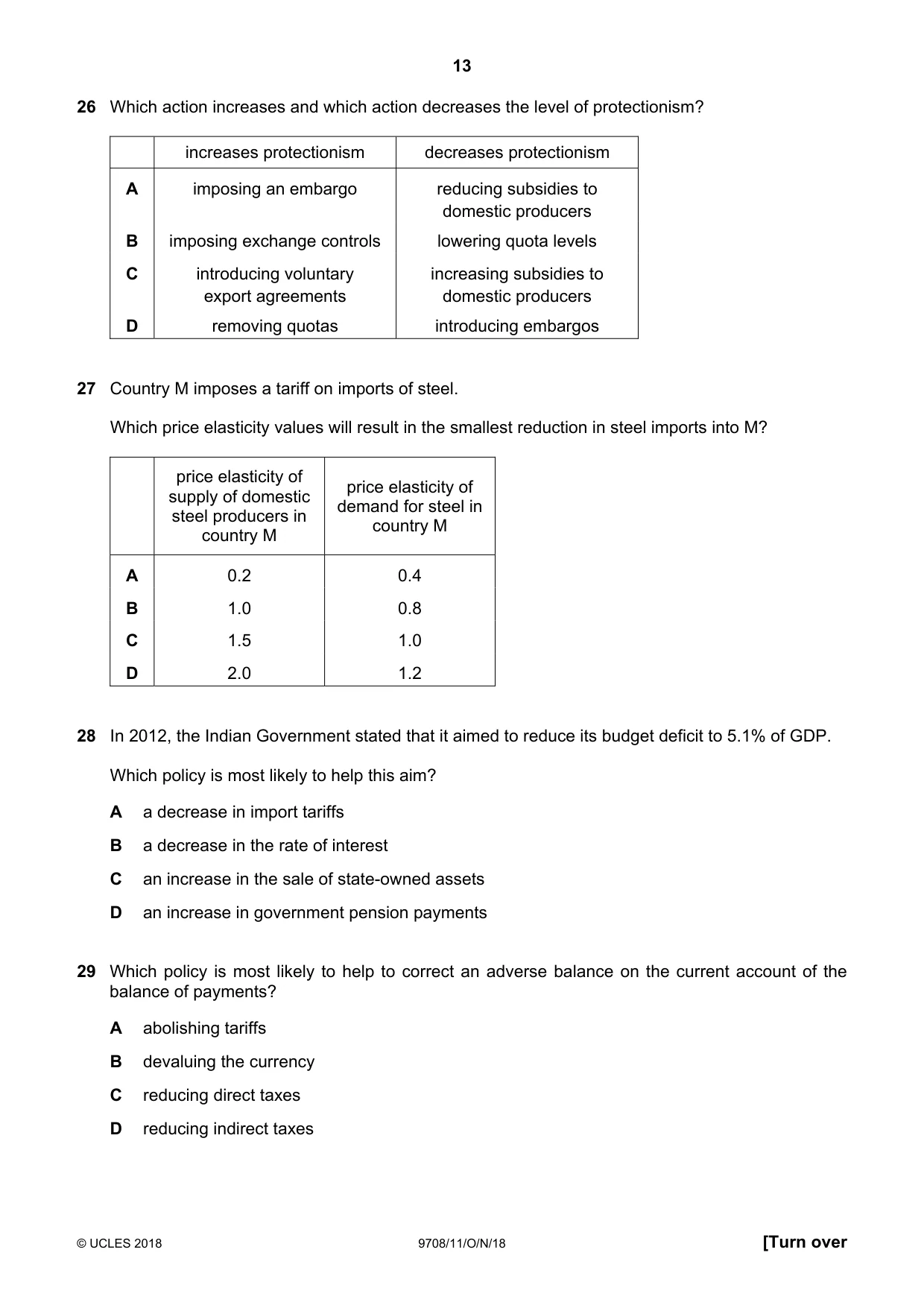 Cambridge A Level Economics 9708 2018 Oct/Nov Paper 1 · Variant 1 question paper, page 13 of 16