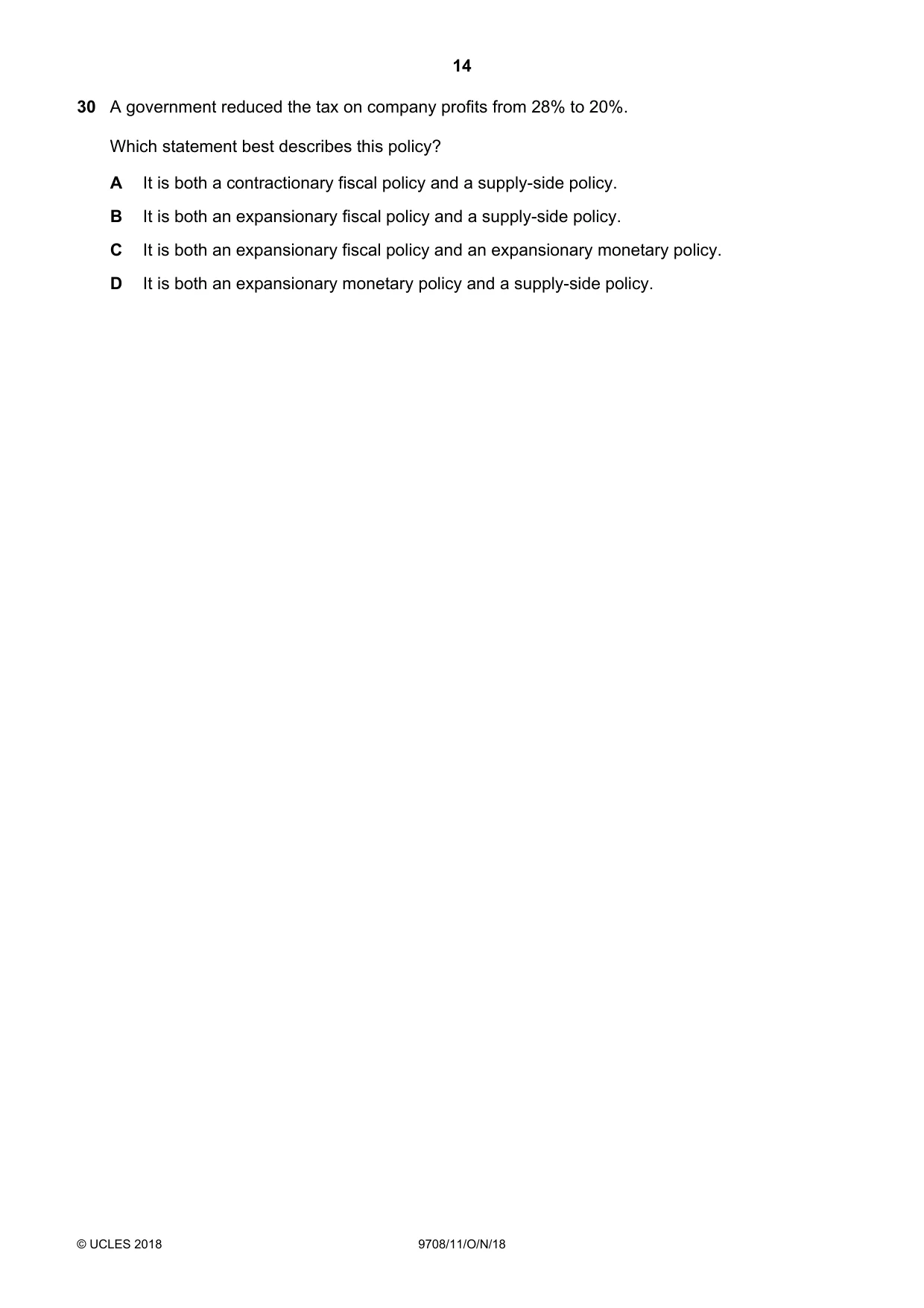 Cambridge A Level Economics 9708 2018 Oct/Nov Paper 1 · Variant 1 question paper, page 14 of 16