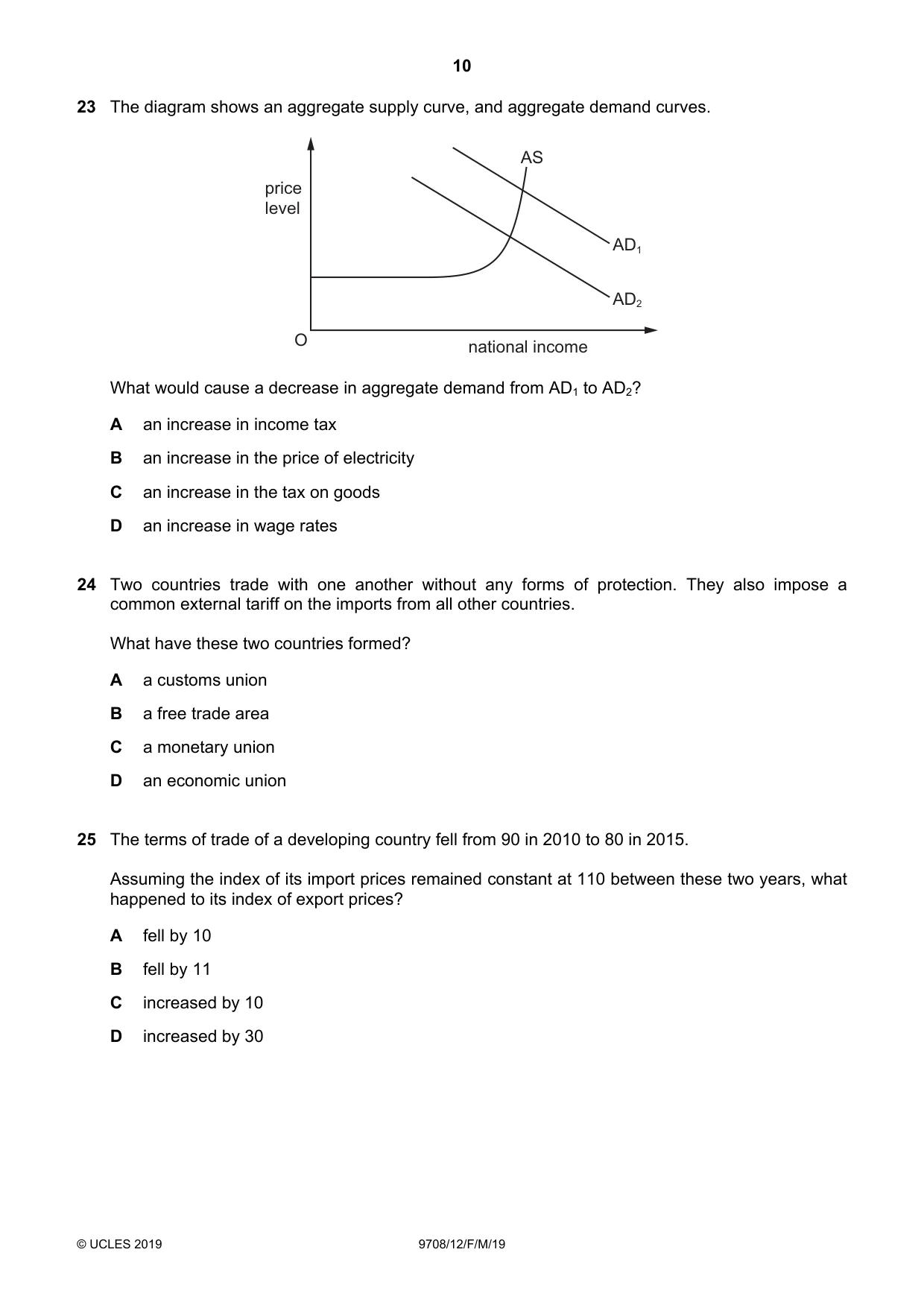 Cambridge A Level Economics 9708 2019 Feb/March Paper 1 · Variant 2 question paper, page 10 of 12