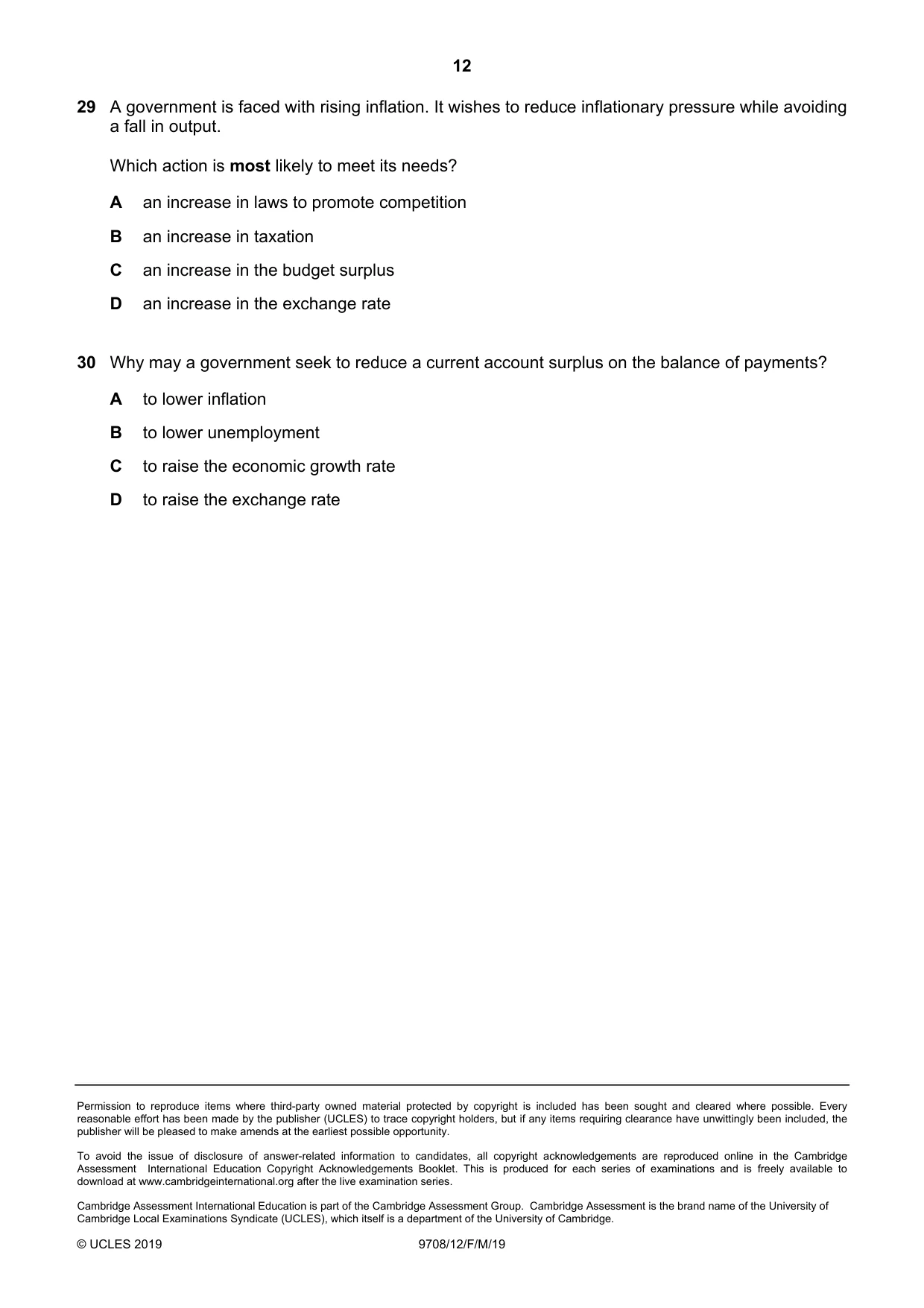Cambridge A Level Economics 9708 2019 Feb/March Paper 1 · Variant 2 question paper, page 12 of 12