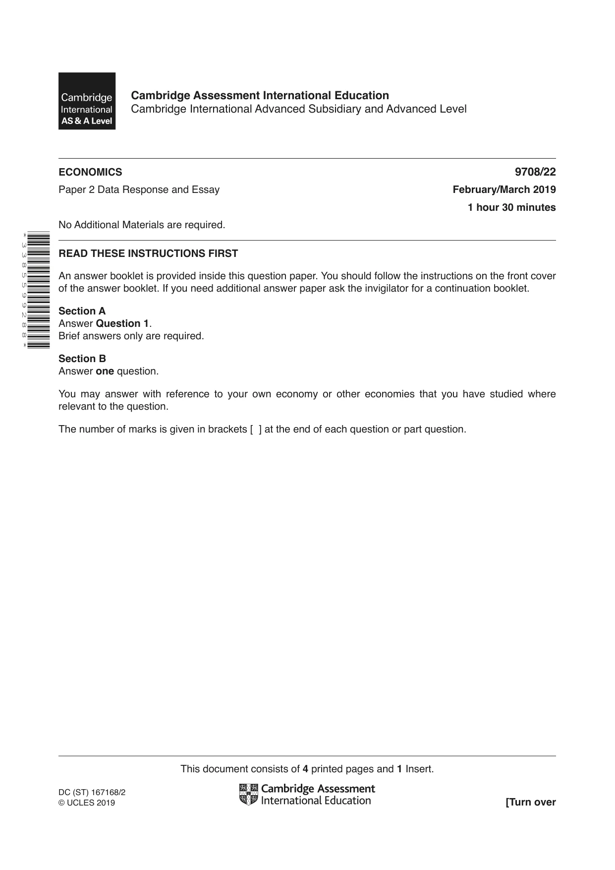 Cambridge A Level Economics 9708 2019 Feb/March Paper 2 · Variant 2 question paper, page 1 of 4