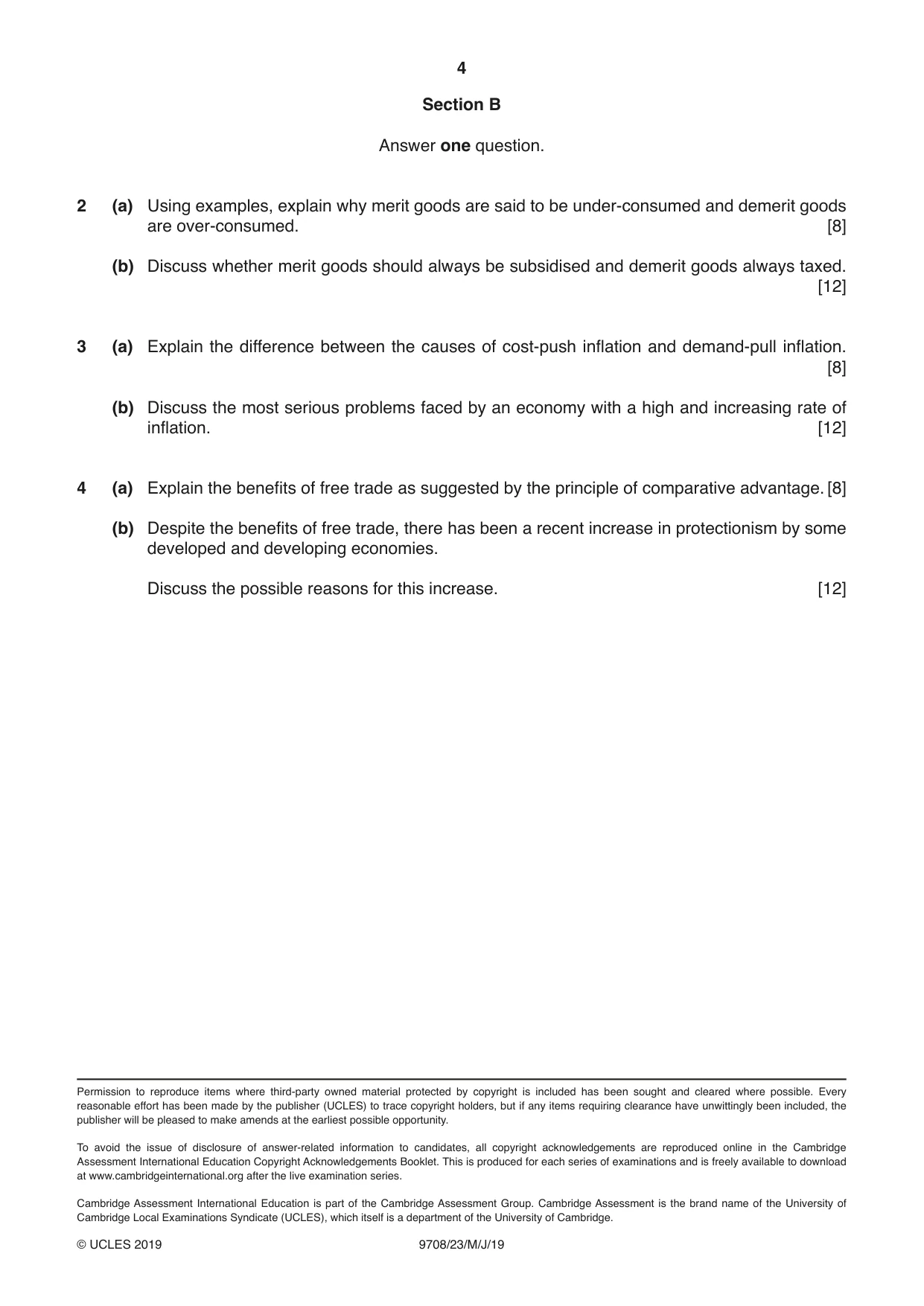 Cambridge A Level Economics 9708 2019 May/June Paper 2 · Variant 3 question paper, page 4 of 4