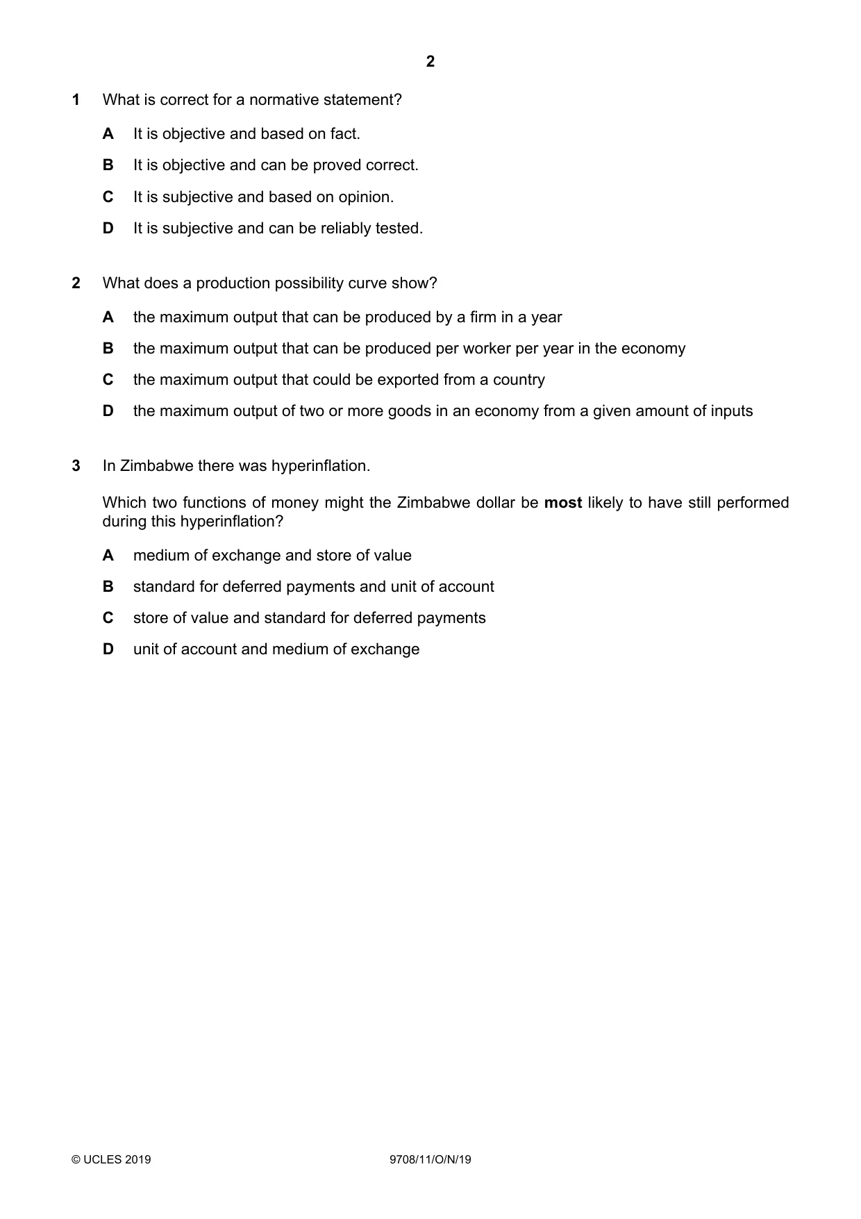 Cambridge A Level Economics 9708 2019 Oct/Nov Paper 1 · Variant 1 question paper, page 2 of 12