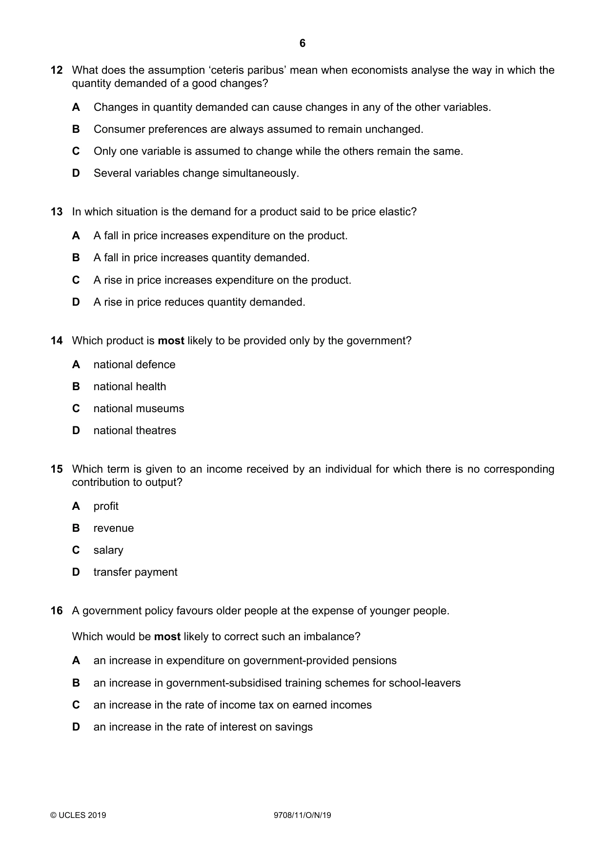 Cambridge A Level Economics 9708 2019 Oct/Nov Paper 1 · Variant 1 question paper, page 6 of 12