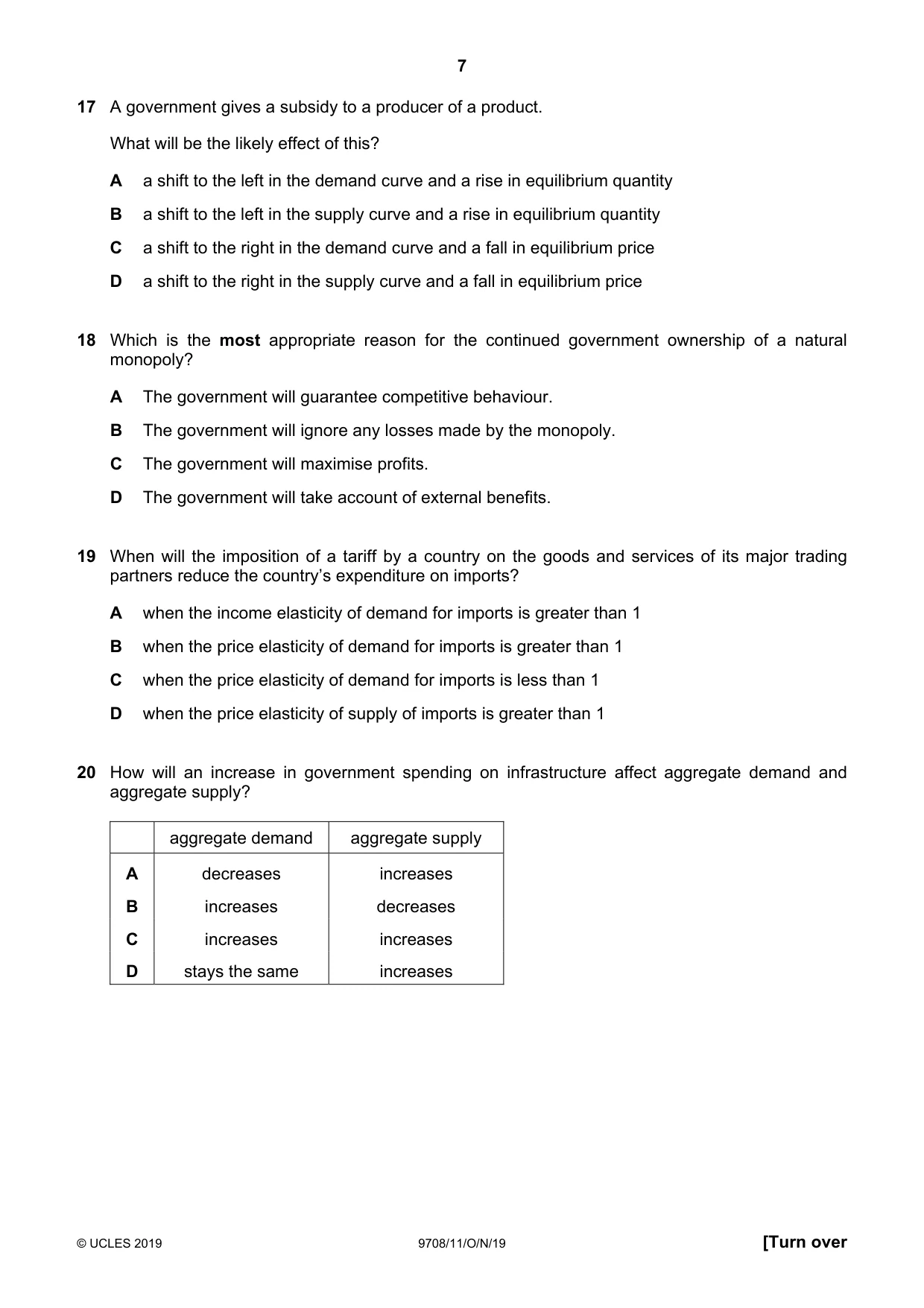 Cambridge A Level Economics 9708 2019 Oct/Nov Paper 1 · Variant 1 question paper, page 7 of 12