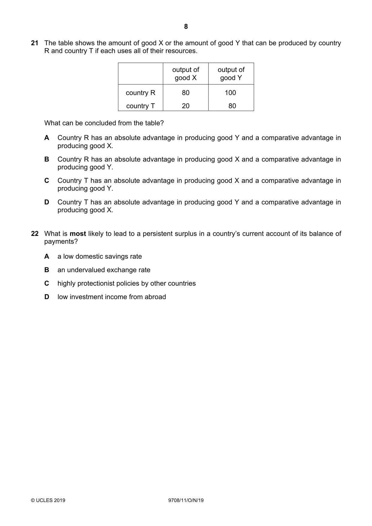 Cambridge A Level Economics 9708 2019 Oct/Nov Paper 1 · Variant 1 question paper, page 8 of 12