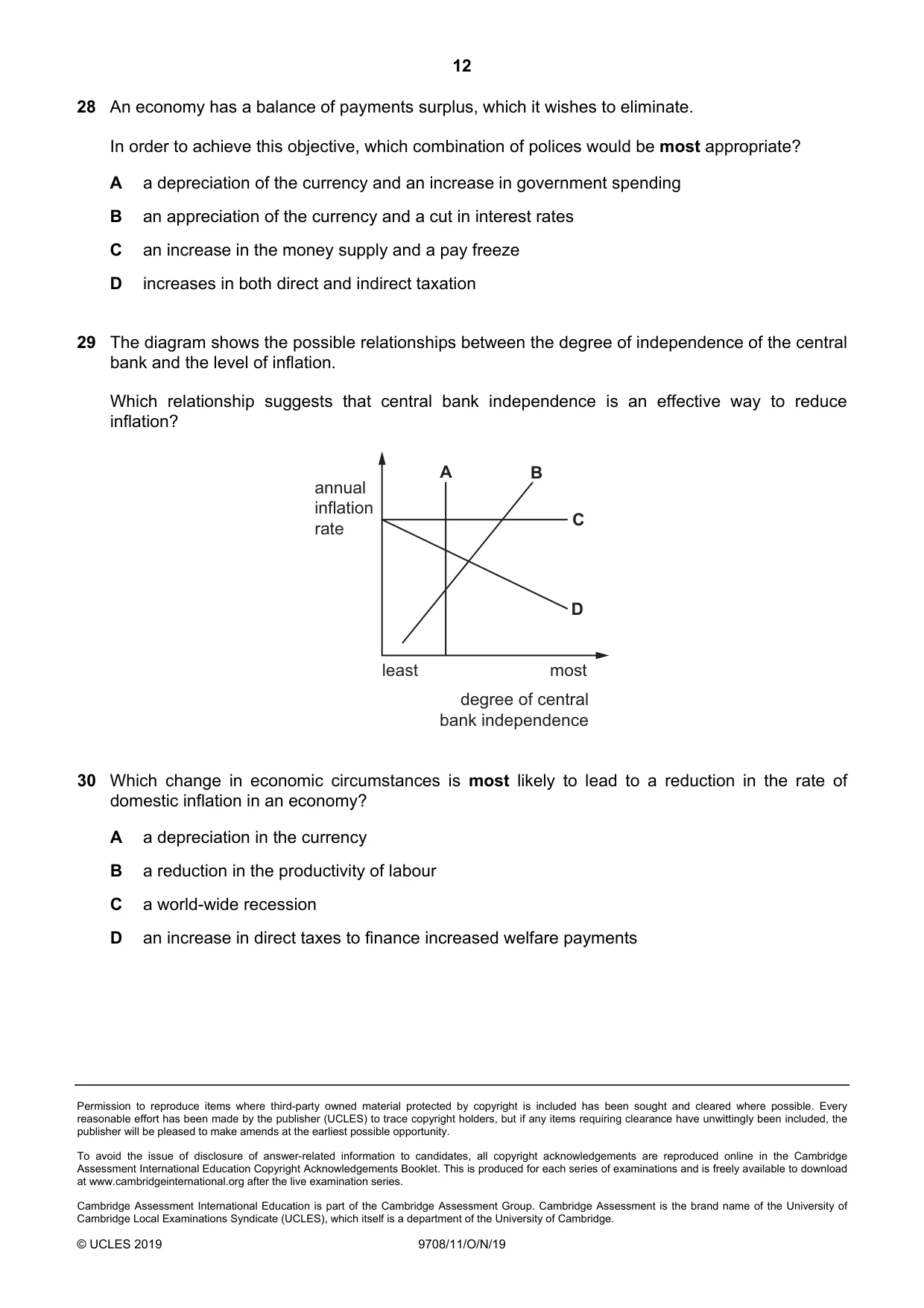 Cambridge A Level Economics 9708 2019 Oct/Nov Paper 1 · Variant 1 question paper, page 12 of 12