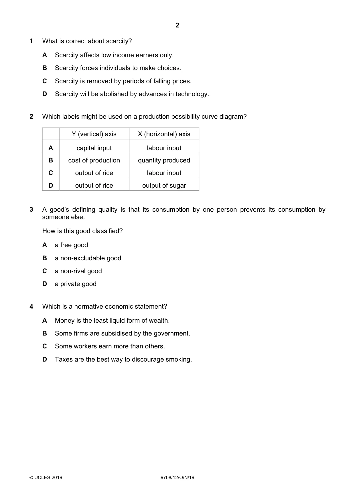 Cambridge A Level Economics 9708 2019 Oct/Nov Paper 1 · Variant 2 question paper, page 2 of 12