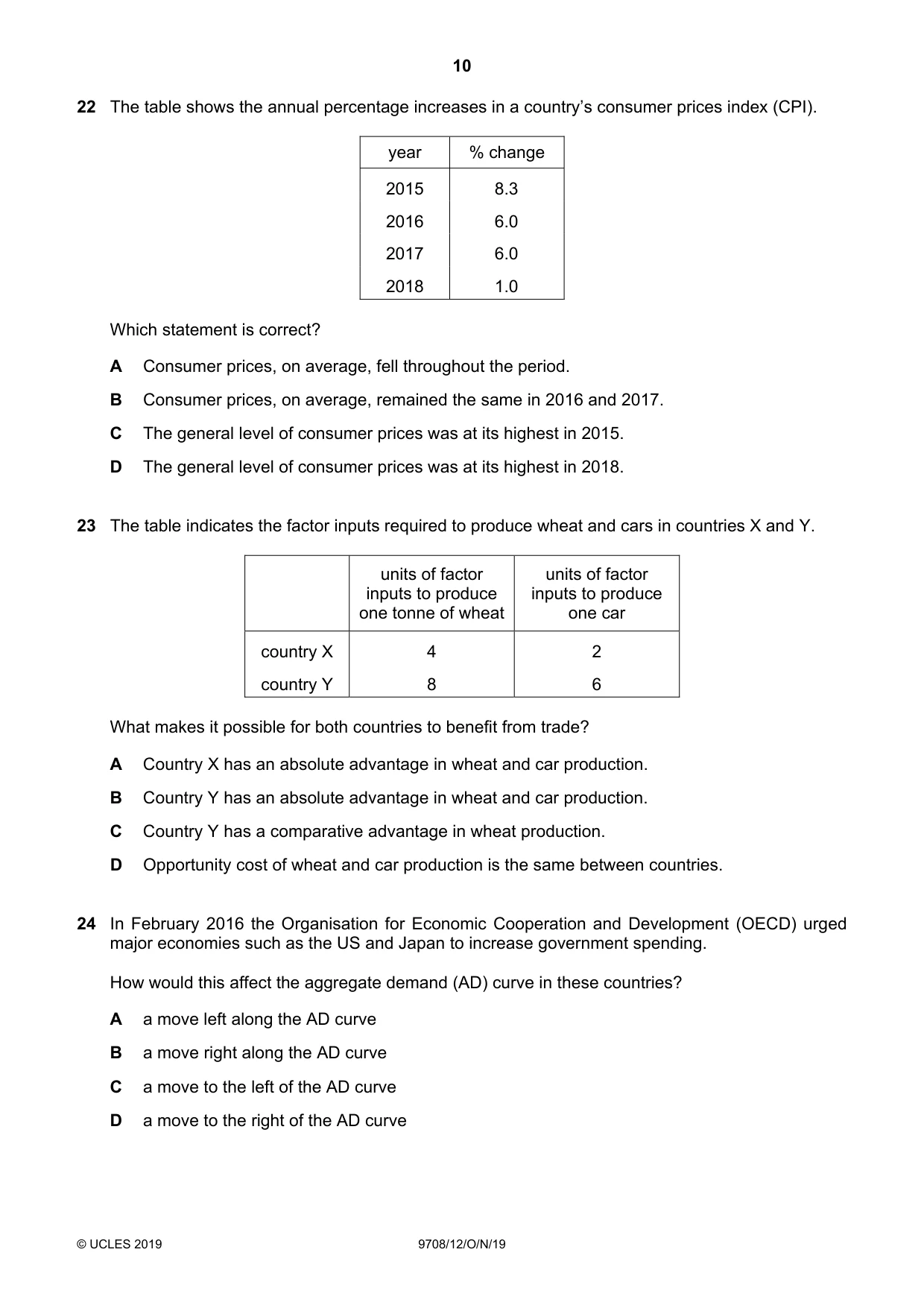 Cambridge A Level Economics 9708 2019 Oct/Nov Paper 1 · Variant 2 question paper, page 10 of 12