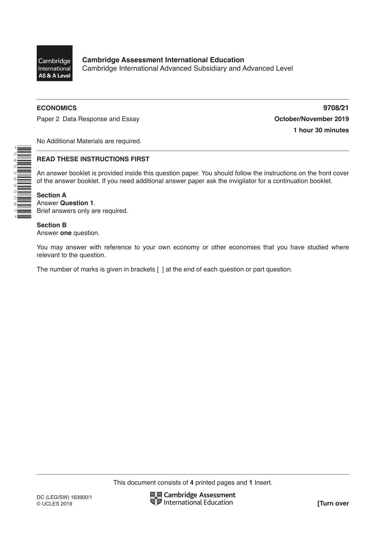 Cambridge A Level Economics 9708 2019 Oct/Nov Paper 2 · Variant 1 question paper, page 1 of 4