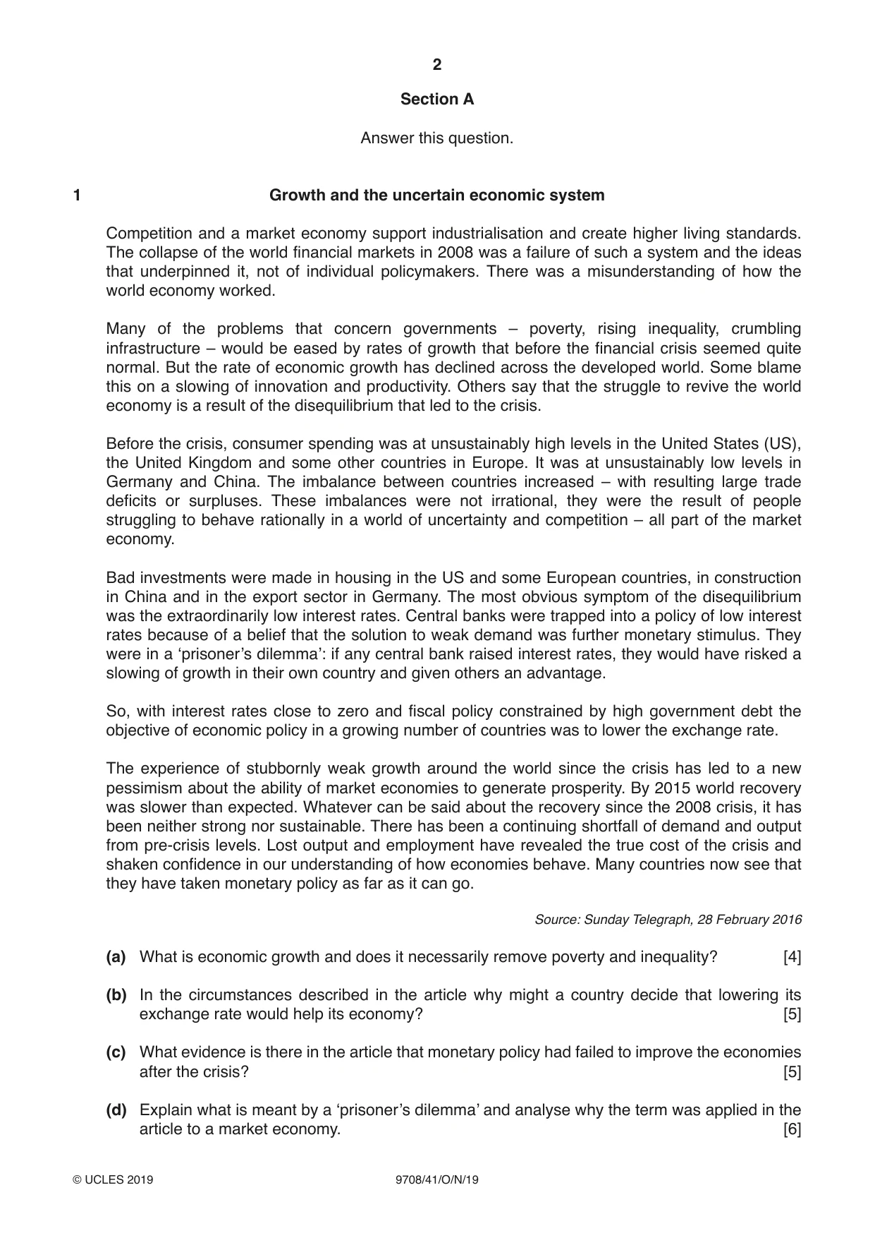Cambridge A Level Economics 9708 2019 Oct/Nov Paper 4 · Variant 1 question paper, page 2 of 4