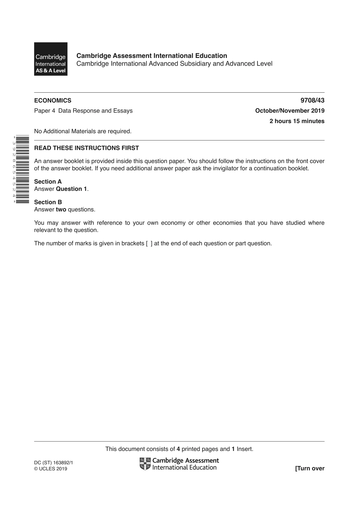 Cambridge A Level Economics 9708 2019 Oct/Nov Paper 4 · Variant 3 question paper, page 1 of 4