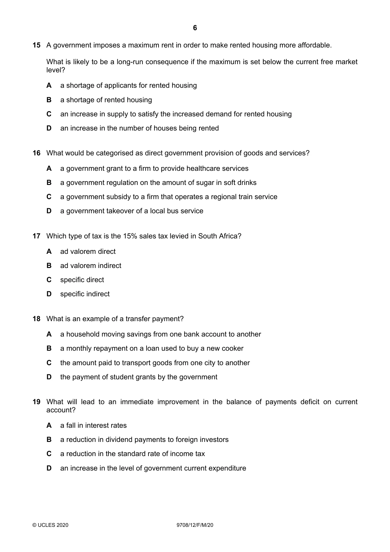Cambridge A Level Economics 9708 2020 Feb/March Paper 1 · Variant 2 question paper, page 6 of 12