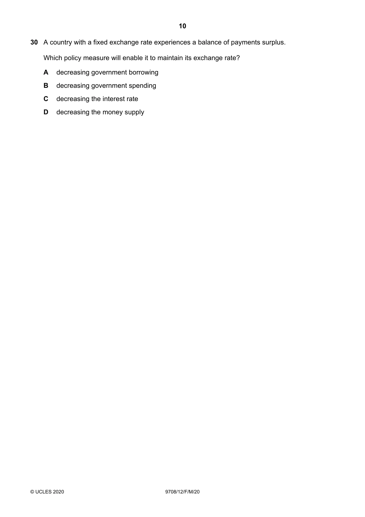 Cambridge A Level Economics 9708 2020 Feb/March Paper 1 · Variant 2 question paper, page 10 of 12
