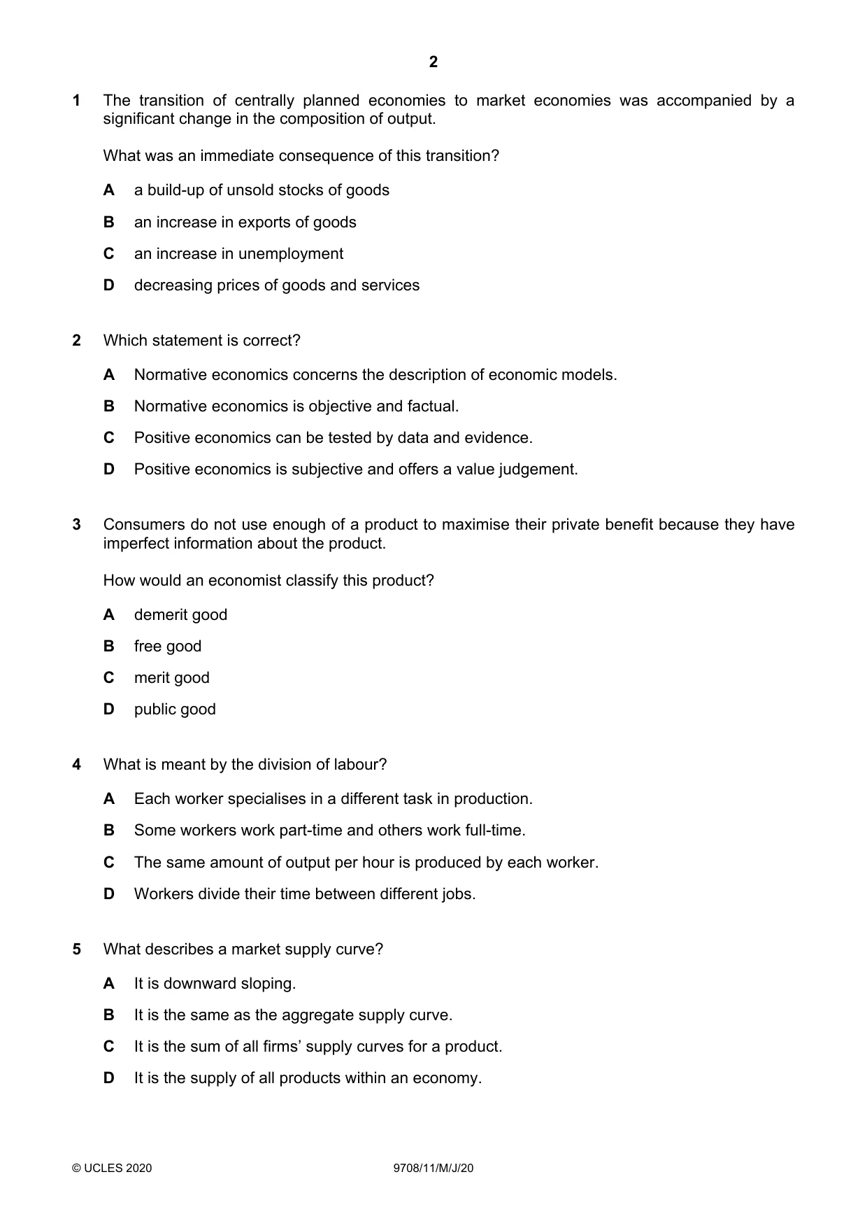 Cambridge A Level Economics 9708 2020 May/June Paper 1 · Variant 1 question paper, page 2 of 12