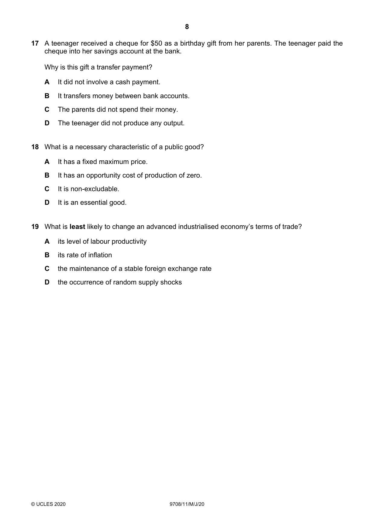 Cambridge A Level Economics 9708 2020 May/June Paper 1 · Variant 1 question paper, page 8 of 12