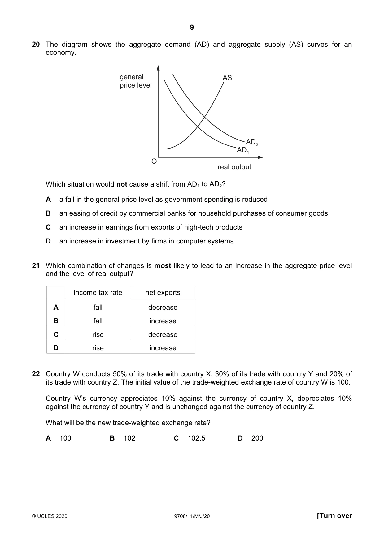Cambridge A Level Economics 9708 2020 May/June Paper 1 · Variant 1 question paper, page 9 of 12