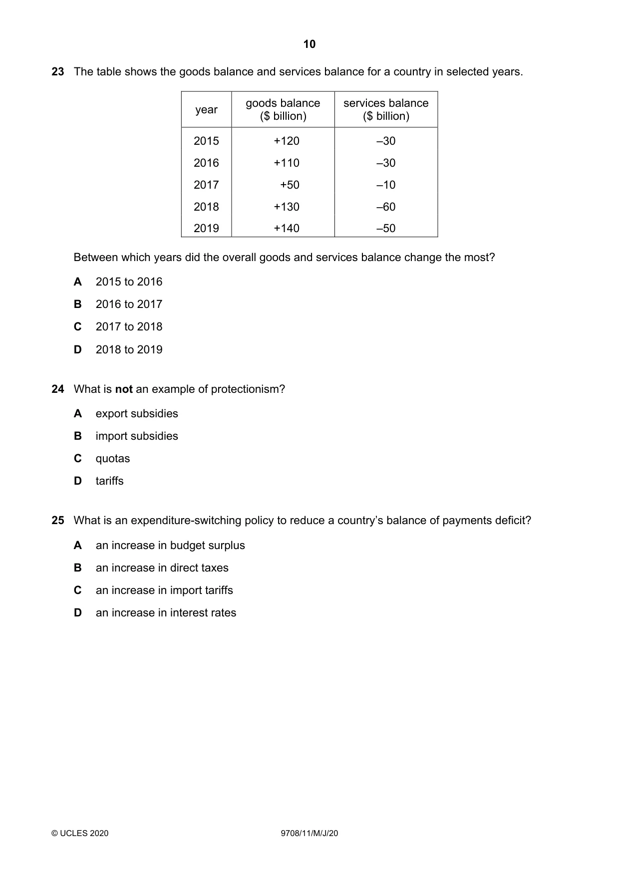 Cambridge A Level Economics 9708 2020 May/June Paper 1 · Variant 1 question paper, page 10 of 12