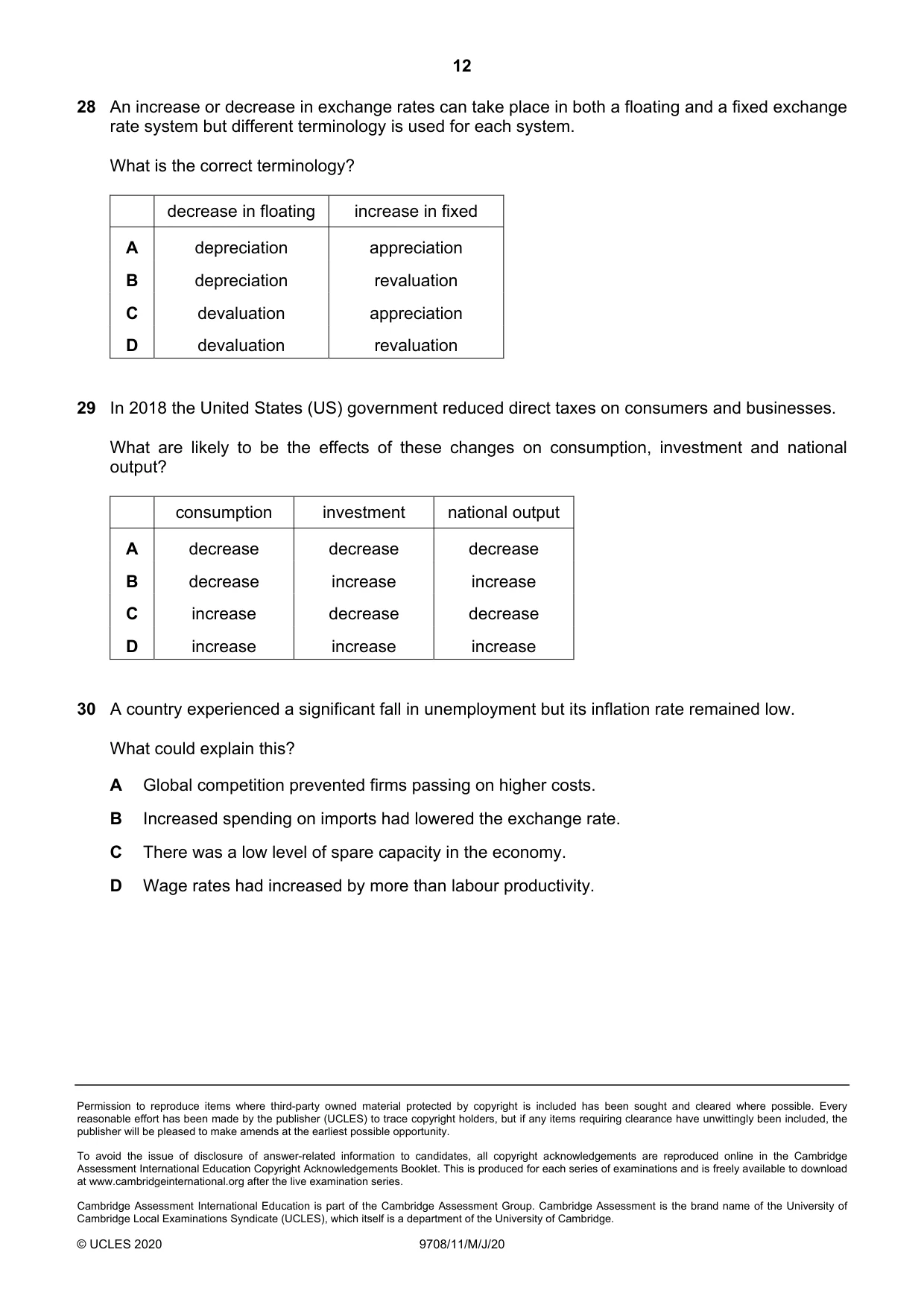 Cambridge A Level Economics 9708 2020 May/June Paper 1 · Variant 1 question paper, page 12 of 12