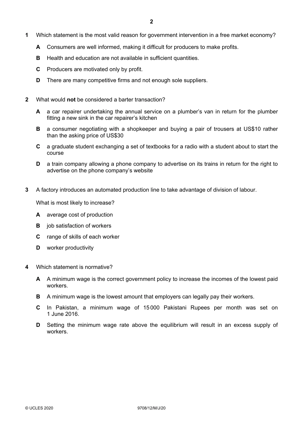 Cambridge A Level Economics 9708 2020 May/June Paper 1 · Variant 2 question paper, page 2 of 12