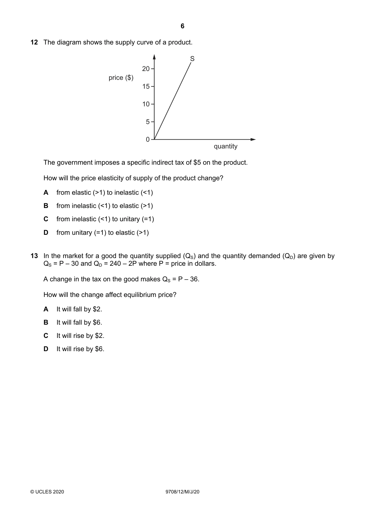 Cambridge A Level Economics 9708 2020 May/June Paper 1 · Variant 2 question paper, page 6 of 12
