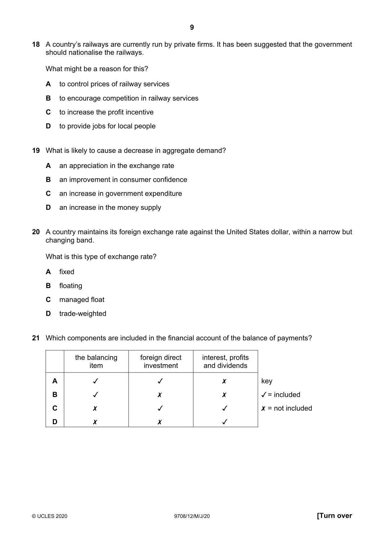 Cambridge A Level Economics 9708 2020 May/June Paper 1 · Variant 2 question paper, page 9 of 12