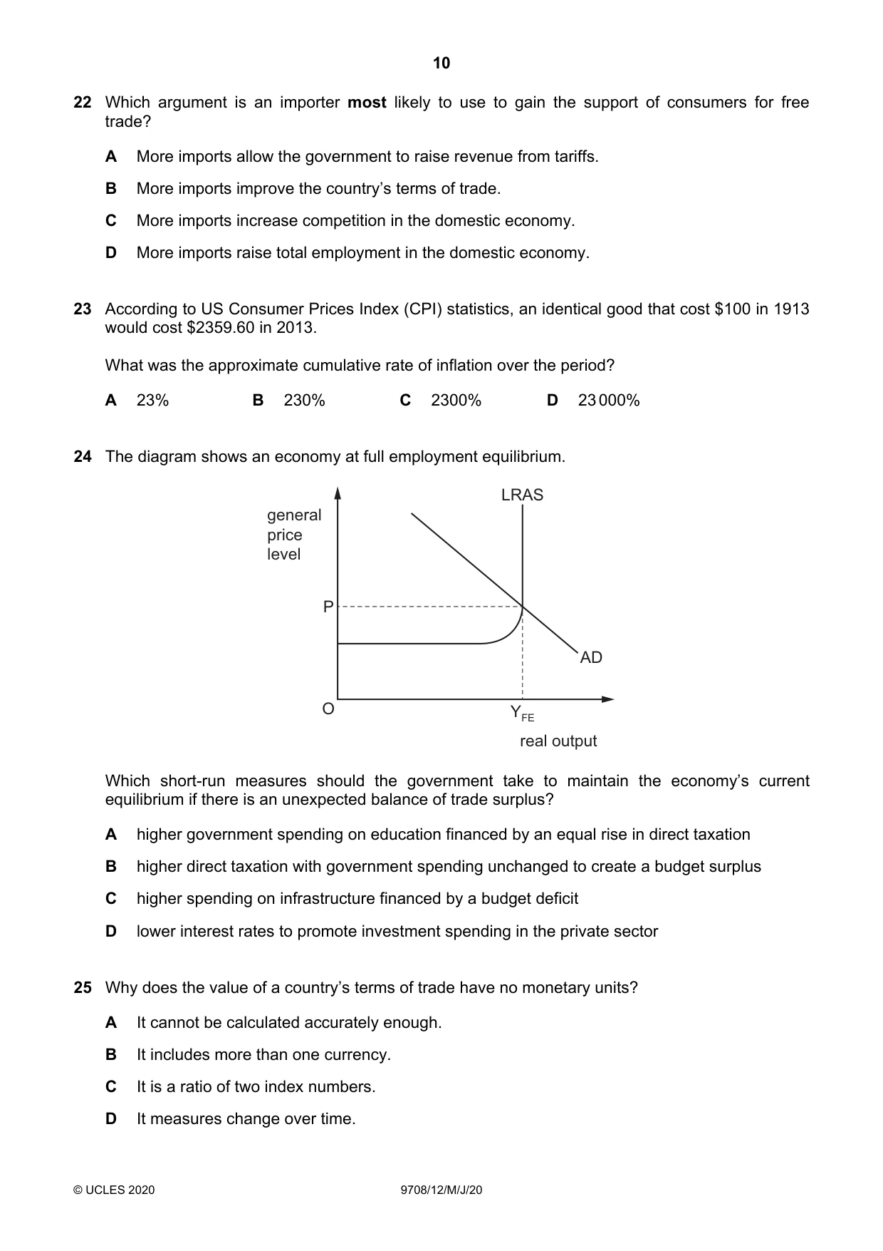 Cambridge A Level Economics 9708 2020 May/June Paper 1 · Variant 2 question paper, page 10 of 12
