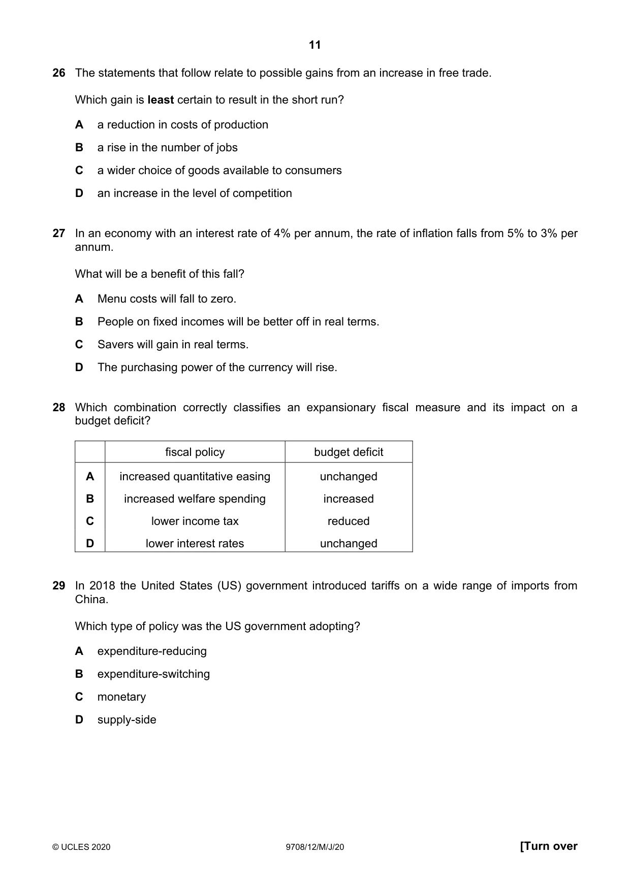 Cambridge A Level Economics 9708 2020 May/June Paper 1 · Variant 2 question paper, page 11 of 12