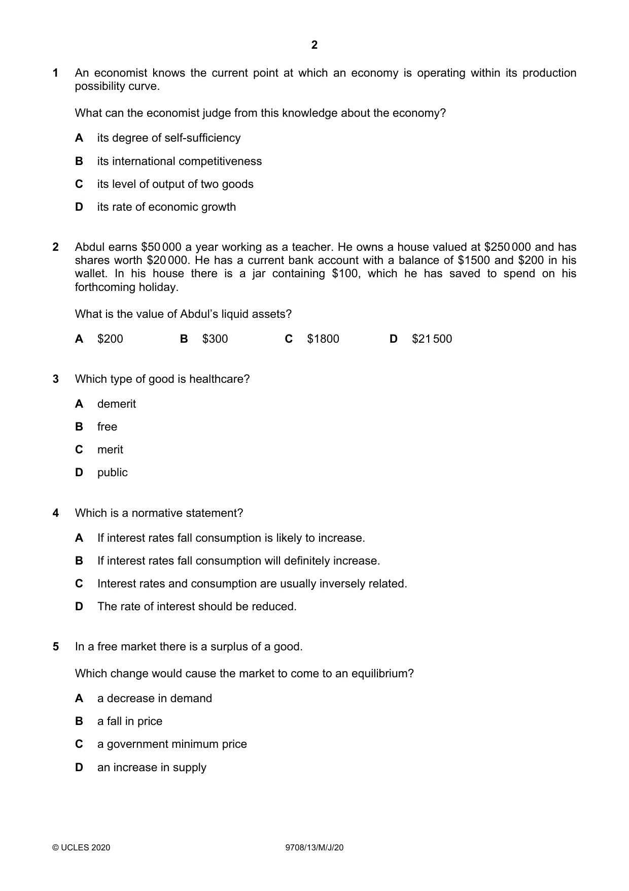Cambridge A Level Economics 9708 2020 May/June Paper 1 · Variant 3 question paper, page 2 of 12