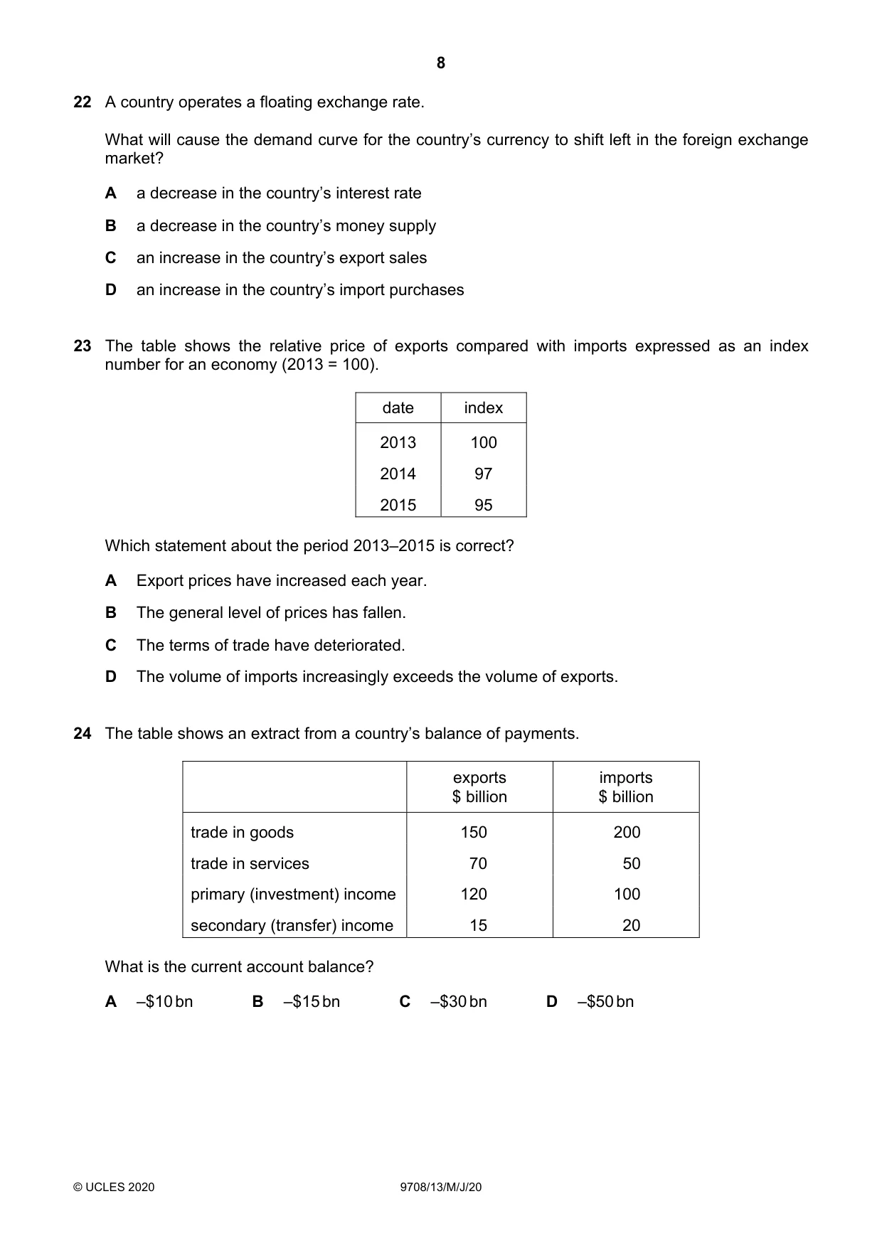 Cambridge A Level Economics 9708 2020 May/June Paper 1 · Variant 3 question paper, page 8 of 12