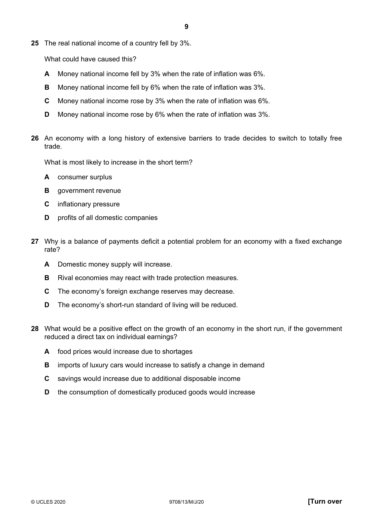 Cambridge A Level Economics 9708 2020 May/June Paper 1 · Variant 3 question paper, page 9 of 12