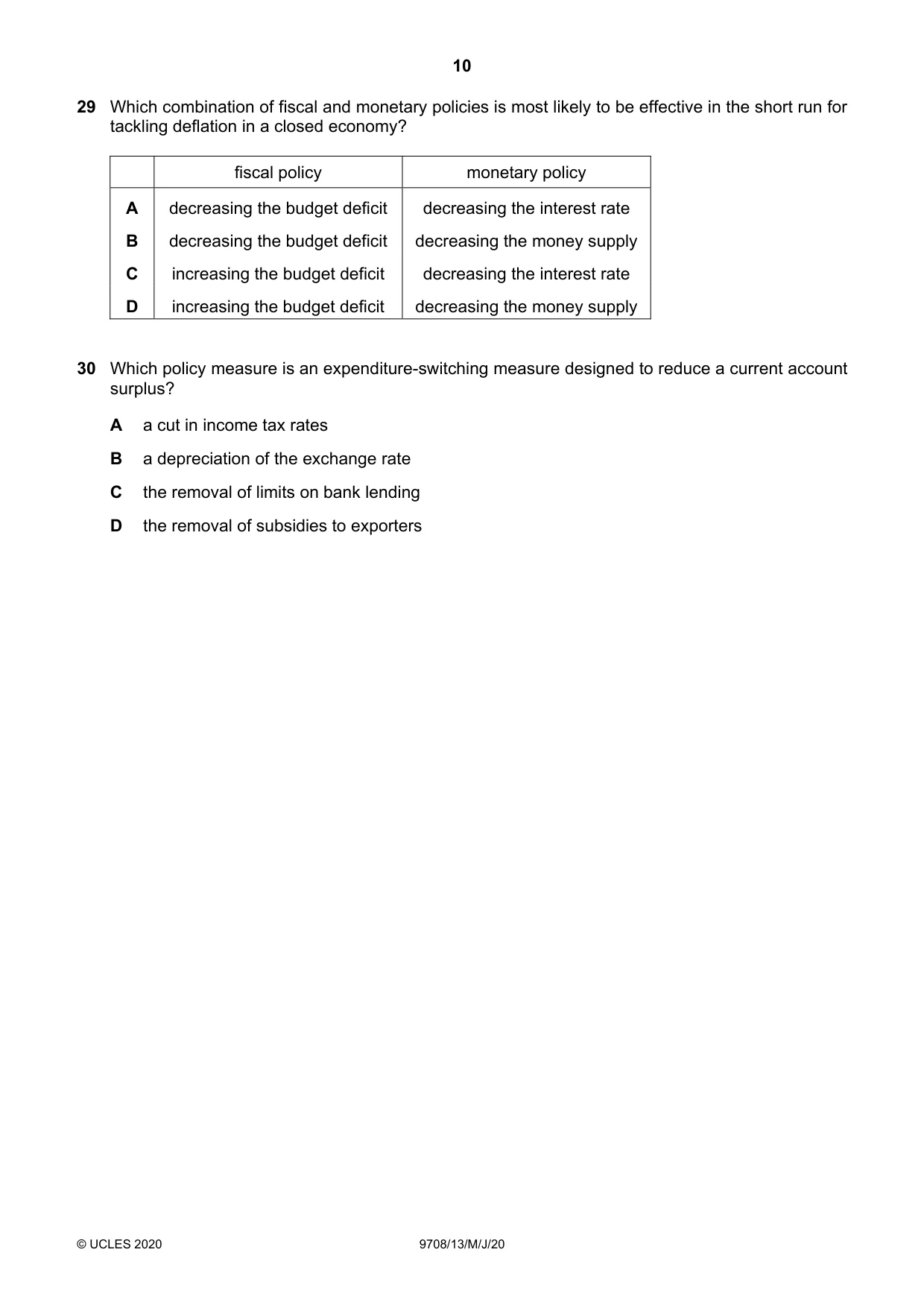 Cambridge A Level Economics 9708 2020 May/June Paper 1 · Variant 3 question paper, page 10 of 12