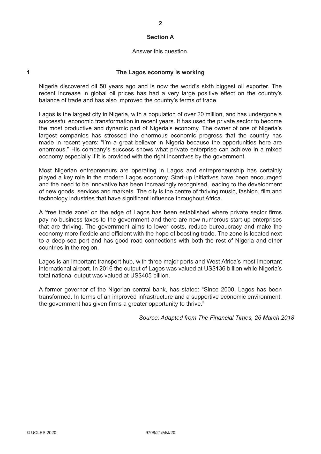 Cambridge A Level Economics 9708 2020 May/June Paper 2 · Variant 1 question paper, page 2 of 4