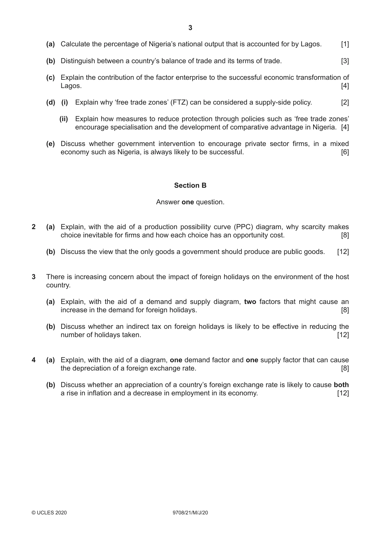 Cambridge A Level Economics 9708 2020 May/June Paper 2 · Variant 1 question paper, page 3 of 4