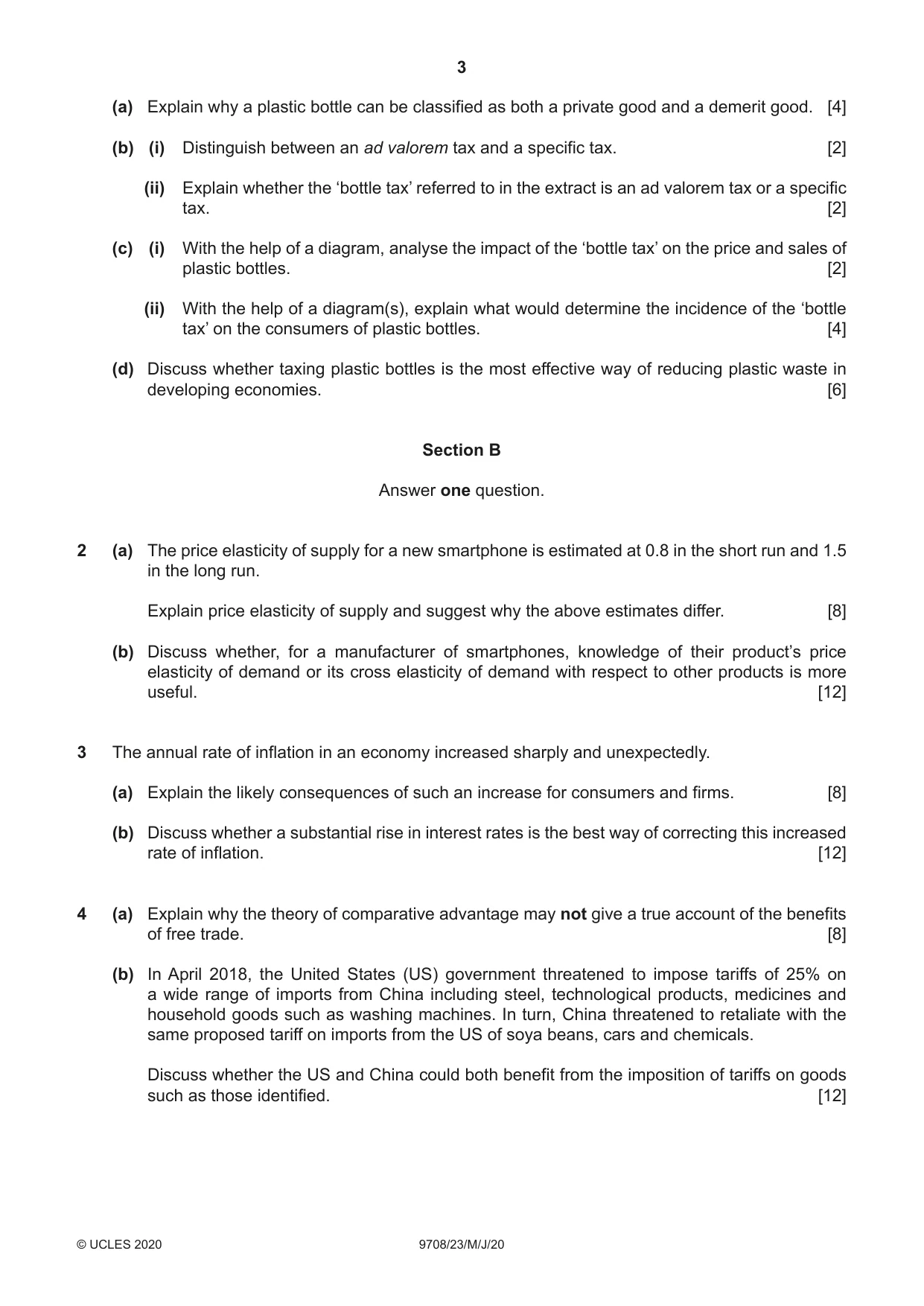 Cambridge A Level Economics 9708 2020 May/June Paper 2 · Variant 3 question paper, page 3 of 4