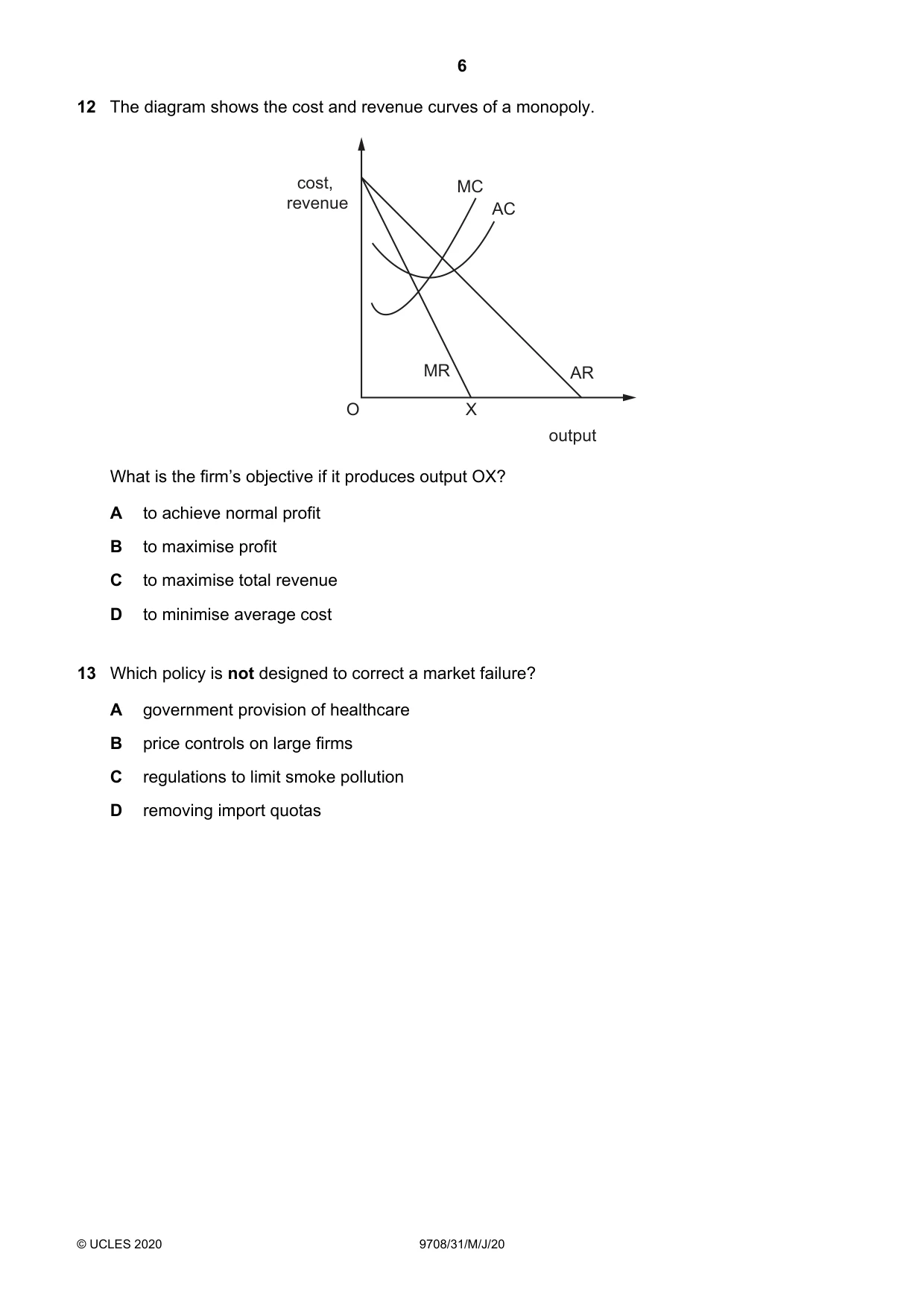 Cambridge A Level Economics 9708 2020 May/June Paper 3 · Variant 1 question paper, page 6 of 12