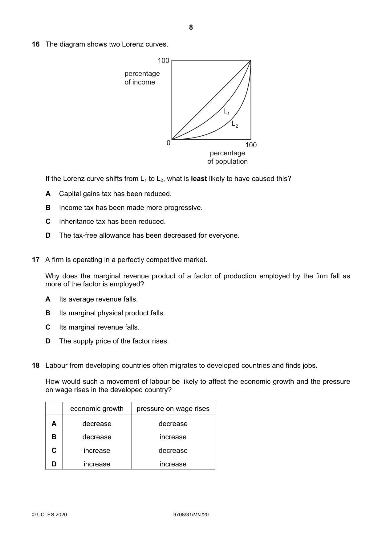 Cambridge A Level Economics 9708 2020 May/June Paper 3 · Variant 1 question paper, page 8 of 12