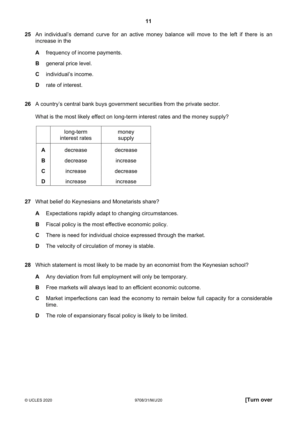 Cambridge A Level Economics 9708 2020 May/June Paper 3 · Variant 1 question paper, page 11 of 12