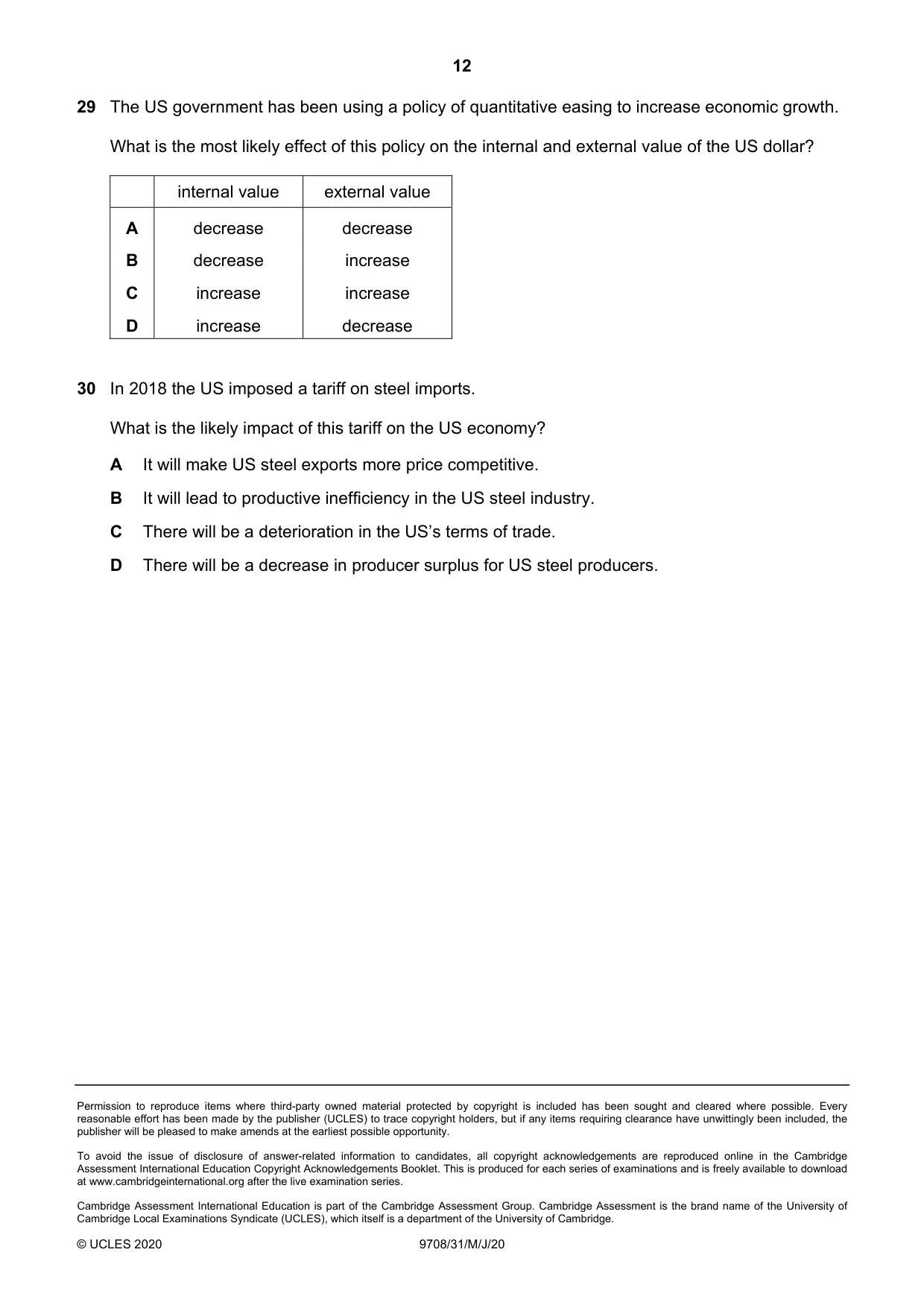 Cambridge A Level Economics 9708 2020 May/June Paper 3 · Variant 1 question paper, page 12 of 12
