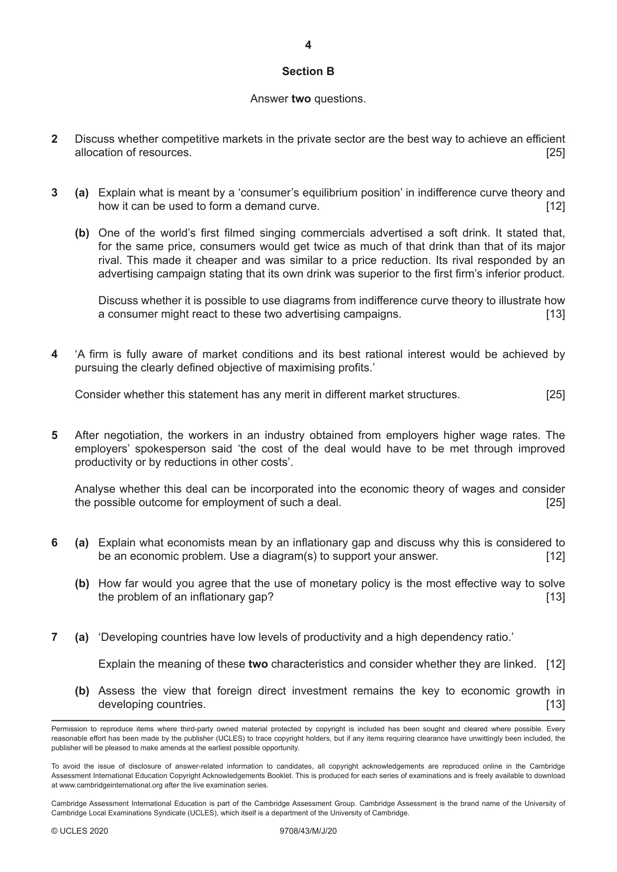 Cambridge A Level Economics 9708 2020 May/June Paper 4 · Variant 3 question paper, page 4 of 4