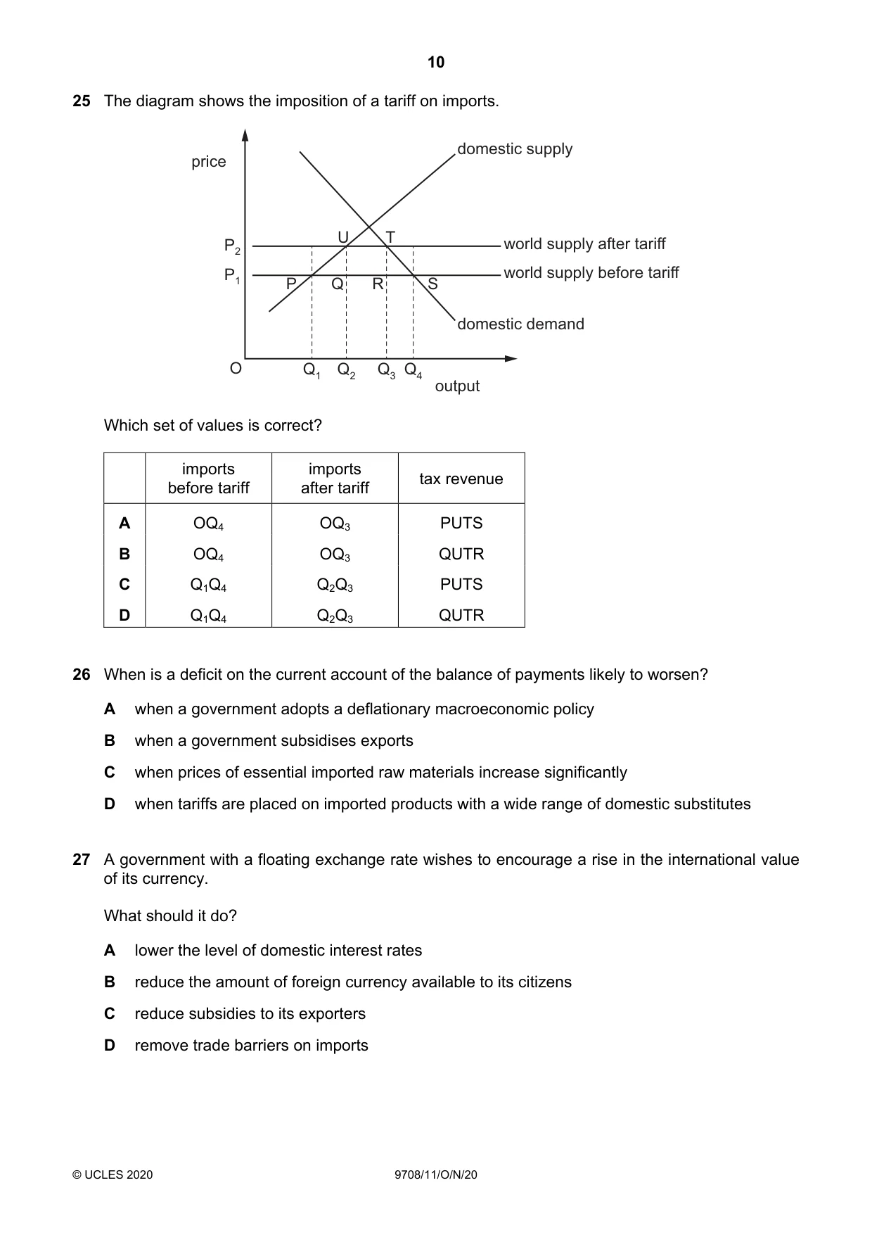 Cambridge A Level Economics 9708 2020 Oct/Nov Paper 1 · Variant 1 question paper, page 10 of 12
