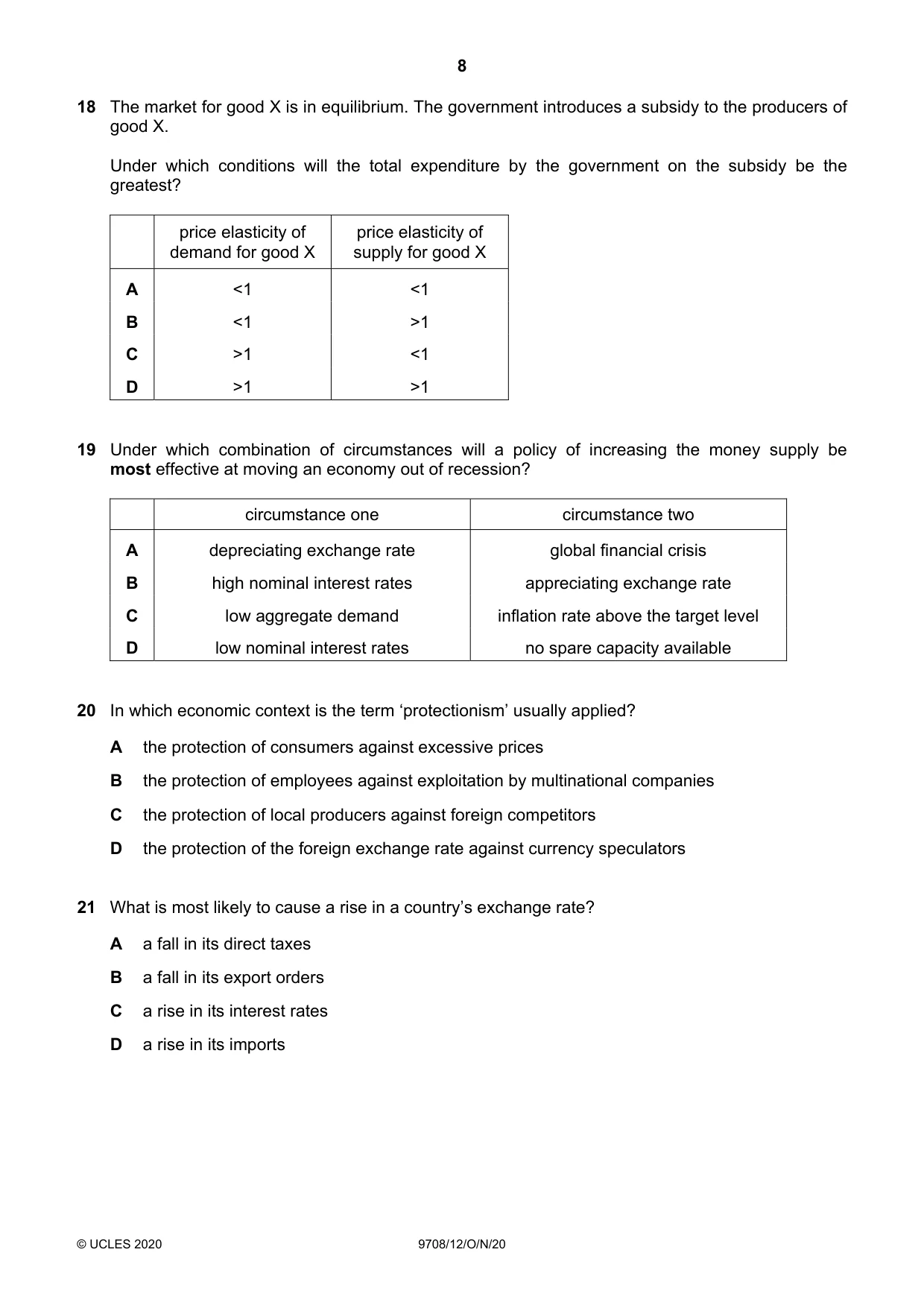 Cambridge A Level Economics 9708 2020 Oct/Nov Paper 1 · Variant 2 question paper, page 8 of 12