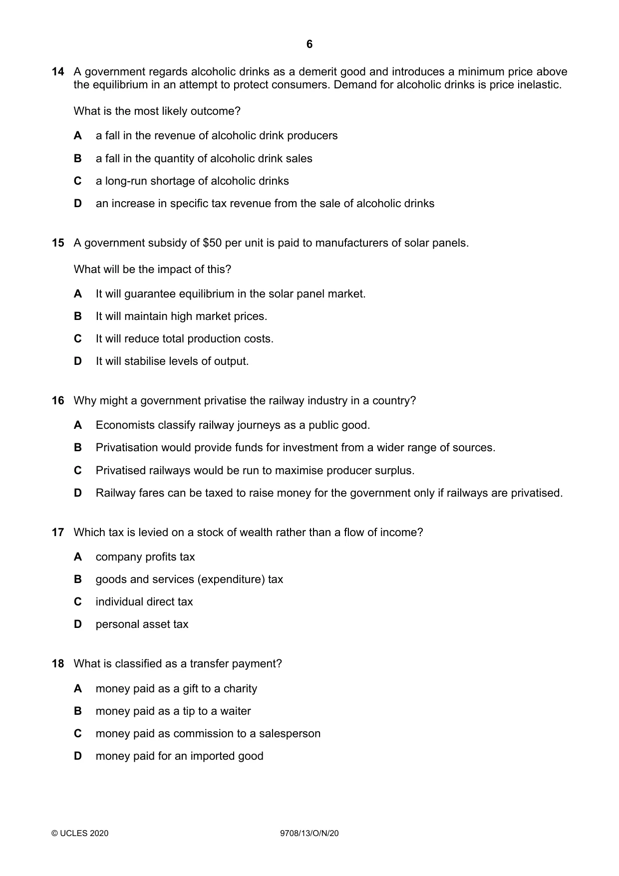 Cambridge A Level Economics 9708 2020 Oct/Nov Paper 1 · Variant 3 question paper, page 6 of 12