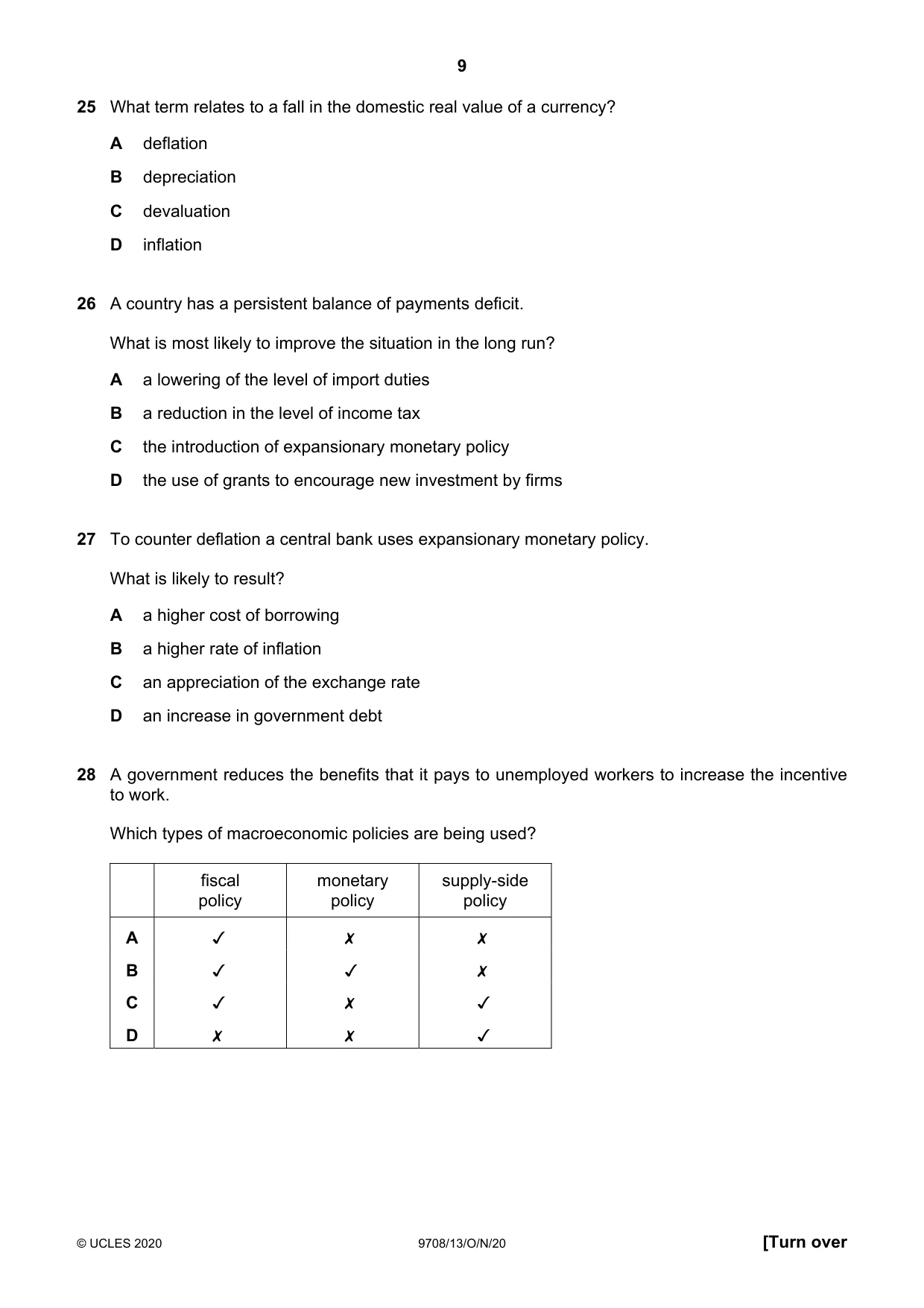 Cambridge A Level Economics 9708 2020 Oct/Nov Paper 1 · Variant 3 question paper, page 9 of 12