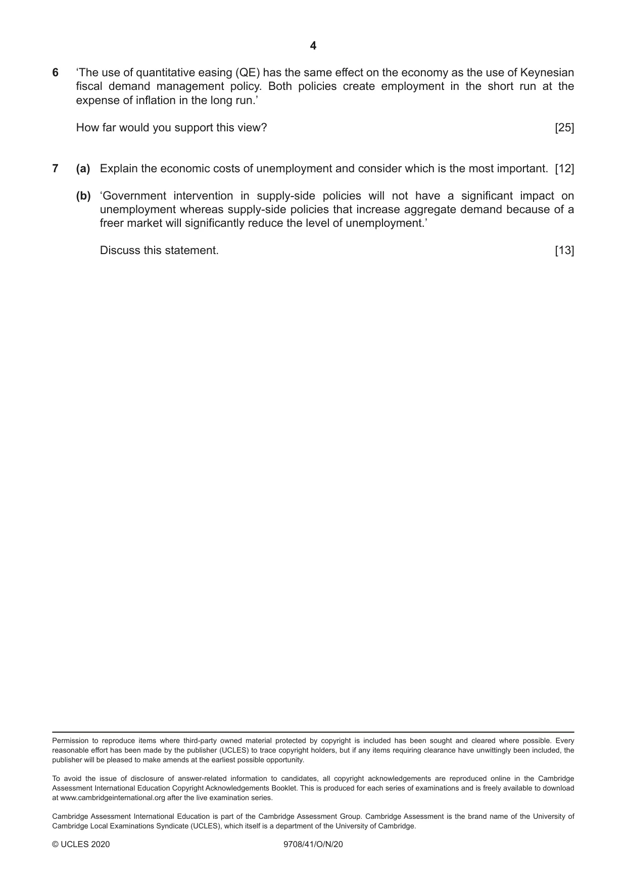 Cambridge A Level Economics 9708 2020 Oct/Nov Paper 4 · Variant 1 question paper, page 4 of 4
