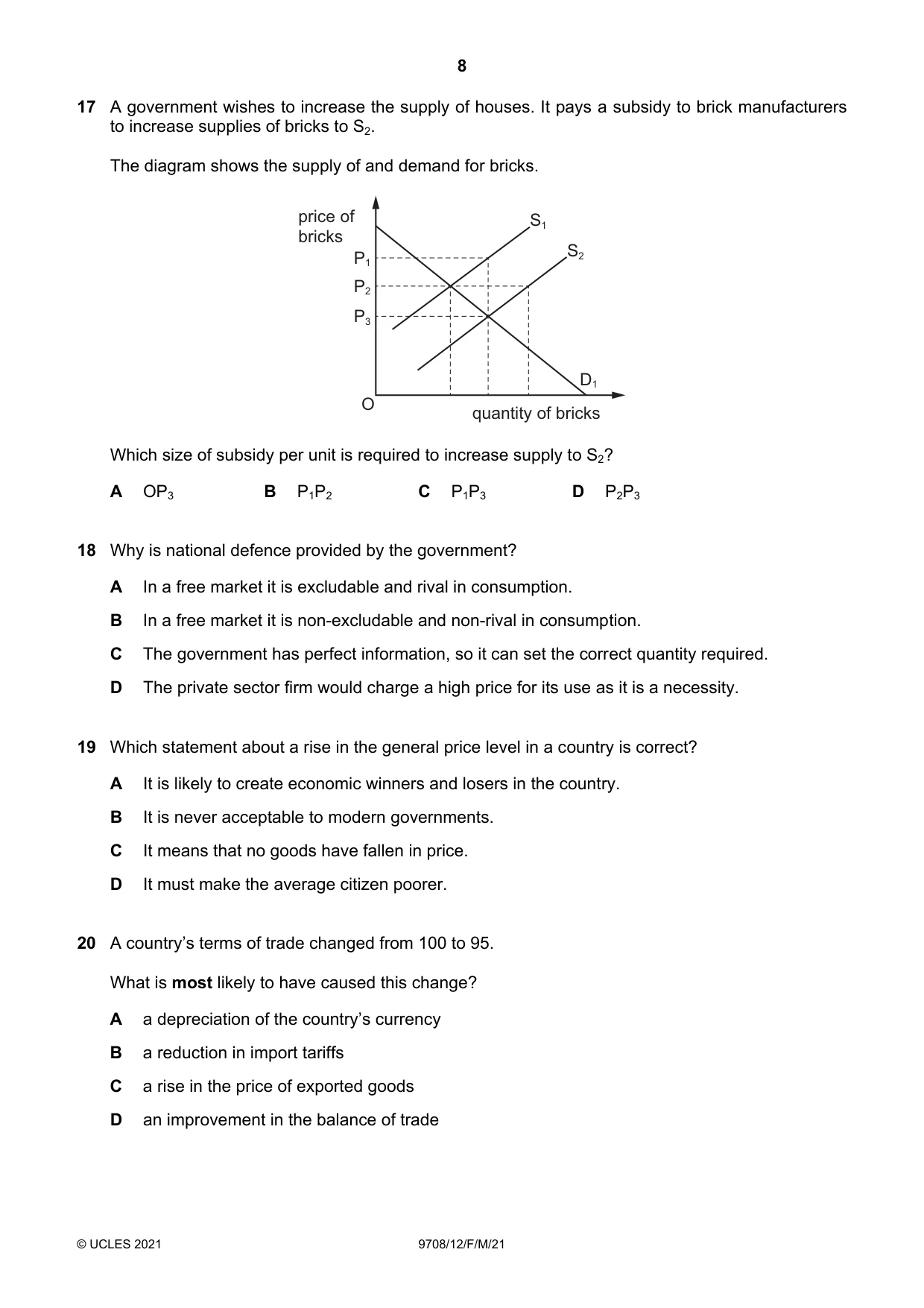 Cambridge A Level Economics 9708 2021 Feb/March Paper 1 · Variant 2 question paper, page 8 of 12