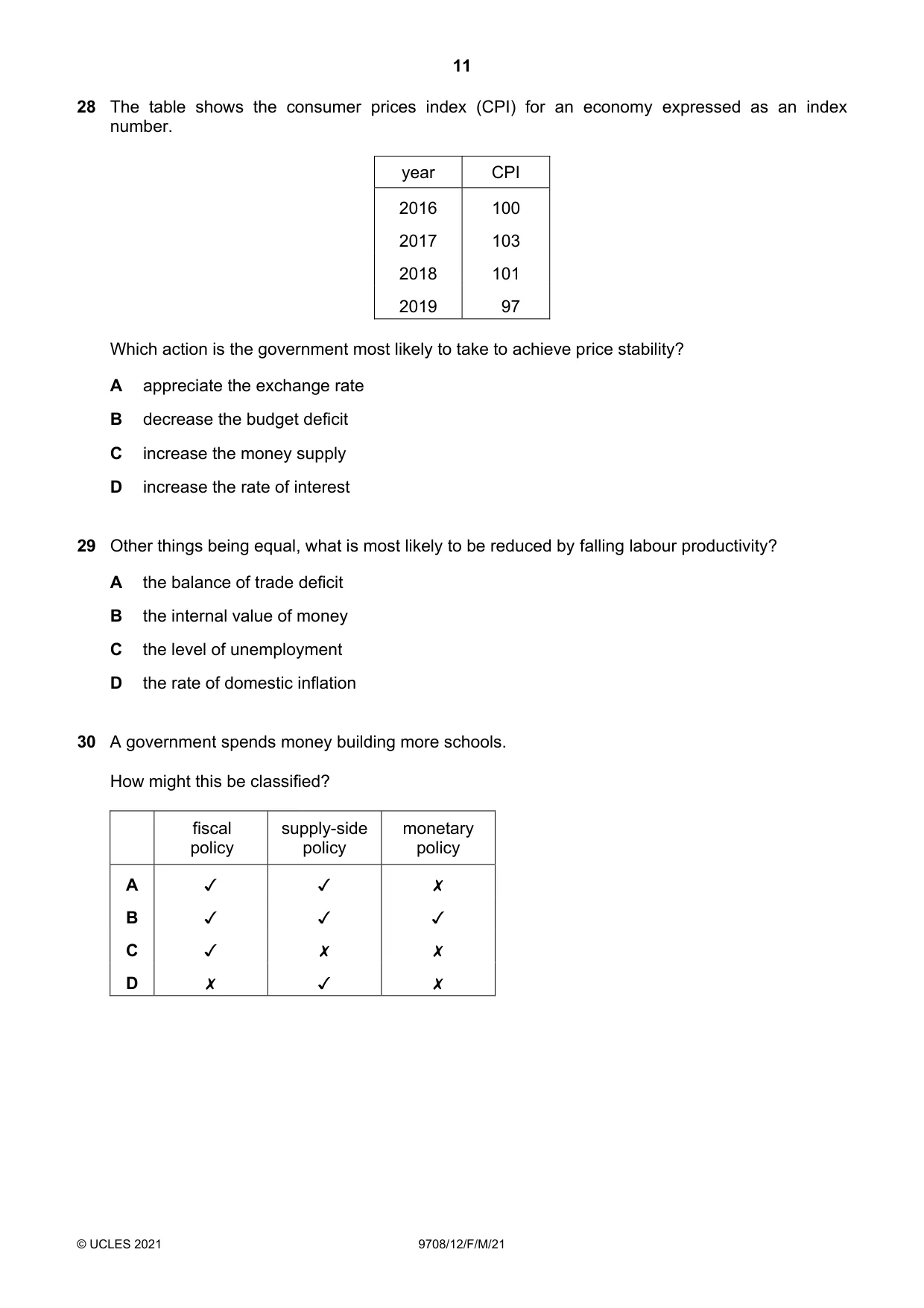 Cambridge A Level Economics 9708 2021 Feb/March Paper 1 · Variant 2 question paper, page 11 of 12