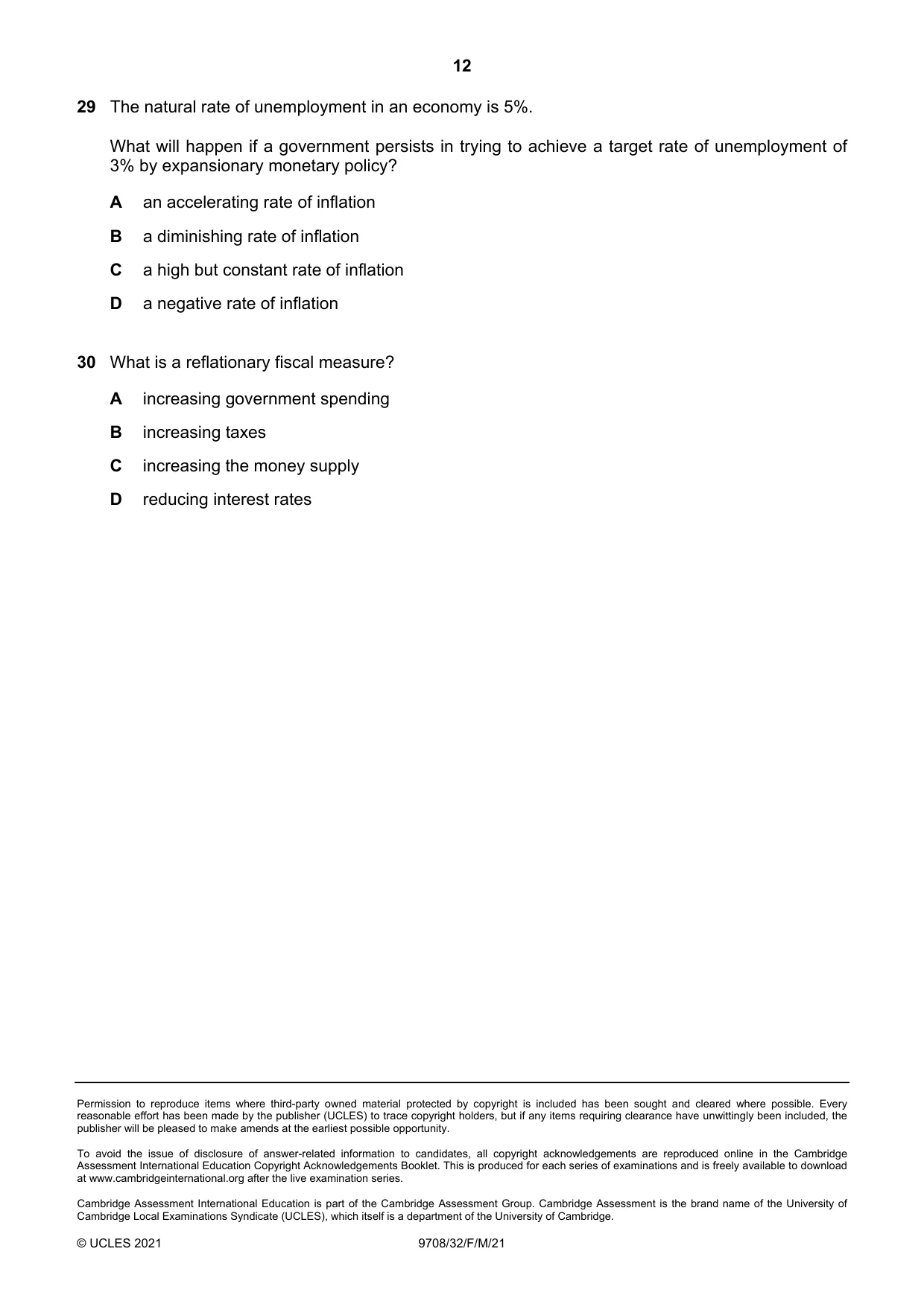 Cambridge A Level Economics 9708 2021 Feb/March Paper 3 · Variant 2 question paper, page 12 of 12
